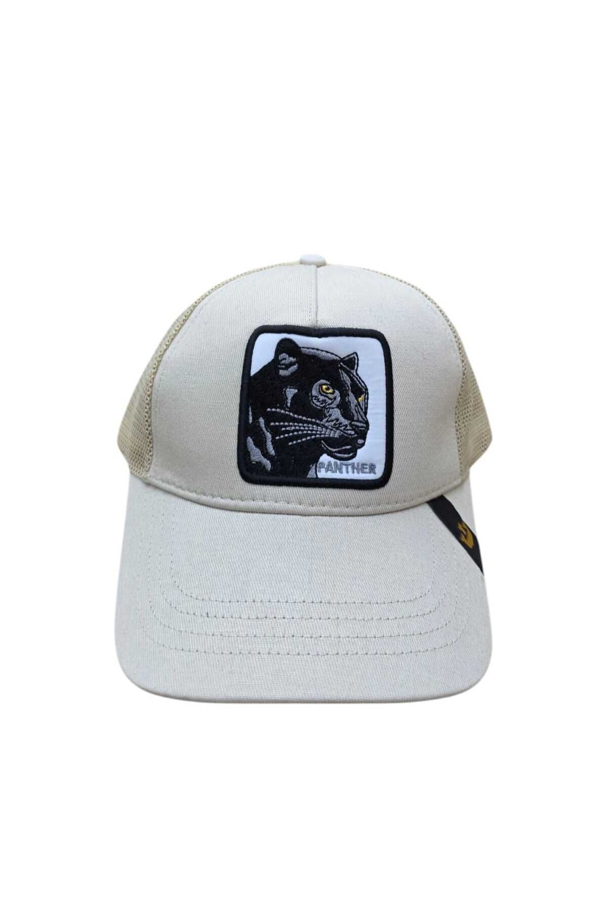 Anelli Erkek, Kadın Siyah Panther Nakışlı Bej Fileli Trucker Şapka – Sokak Modası Unisex Snapback