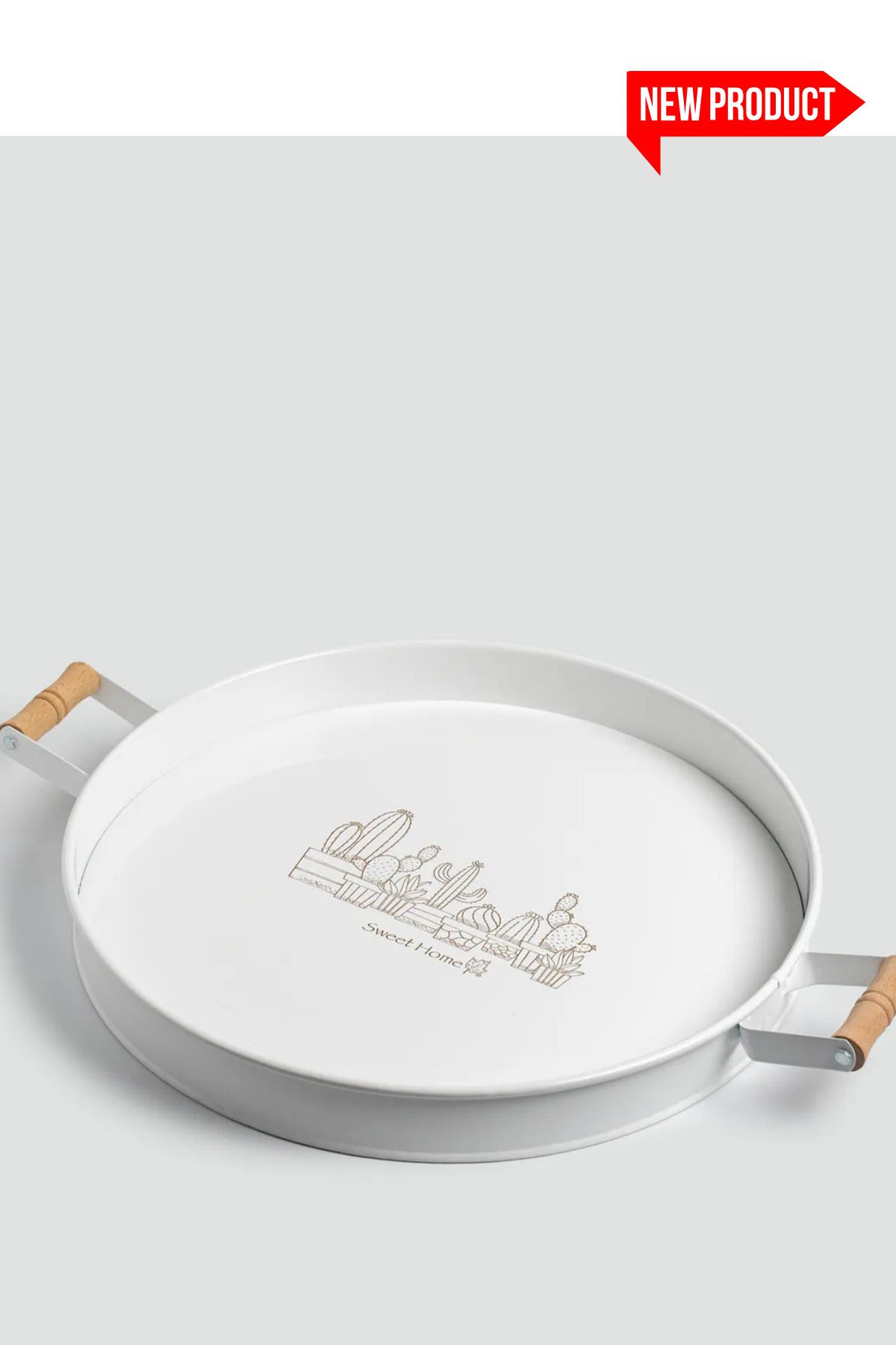 WWSHOP Kitchen Ahşap Saplı Baskılı Yuvarlak Beyaz Metal Tepsi Çay Kahve Kahvaltı Servis Tepsisi 37 Cm