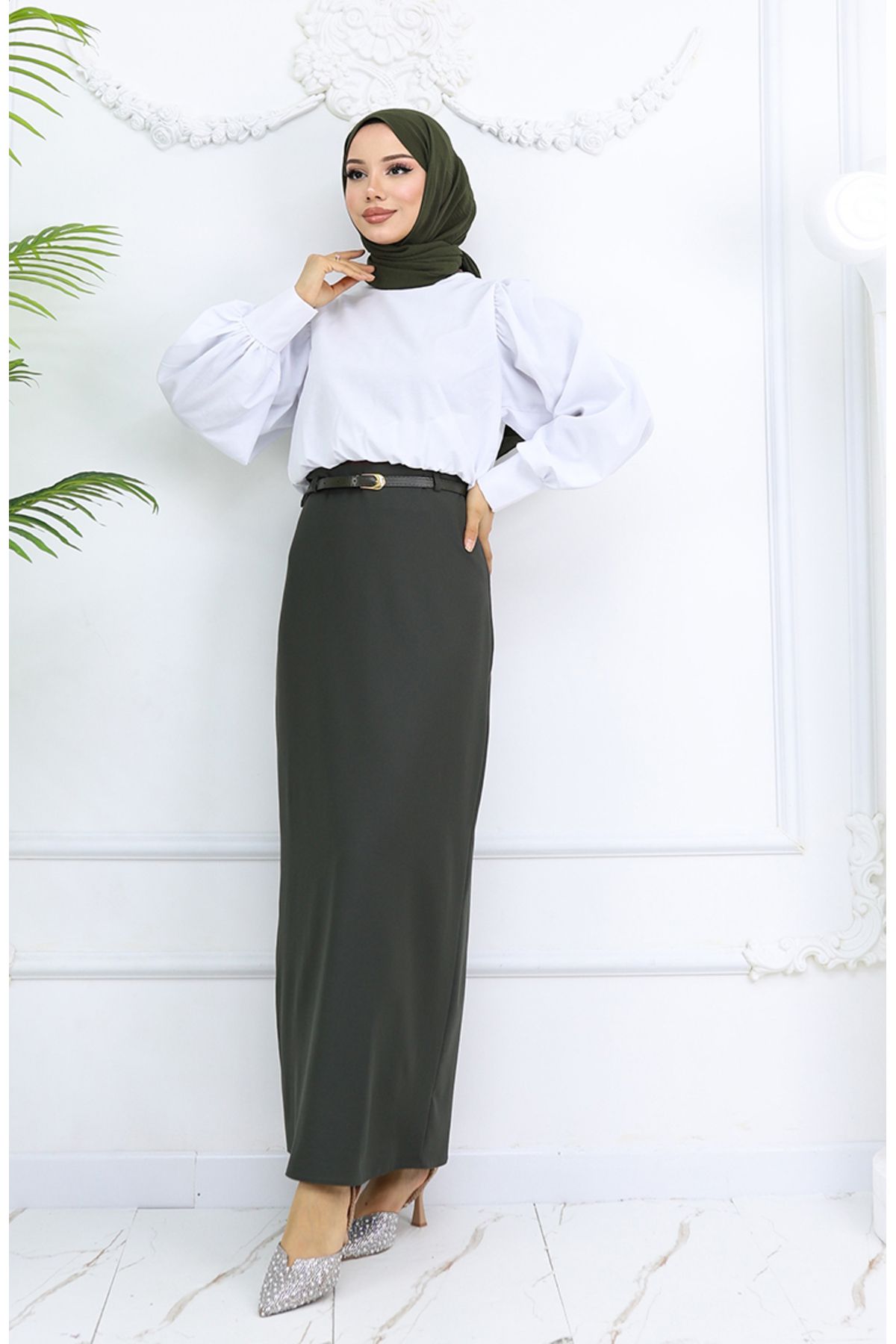 sefamerve-Belted Skirt 2251-02 Khaki 2