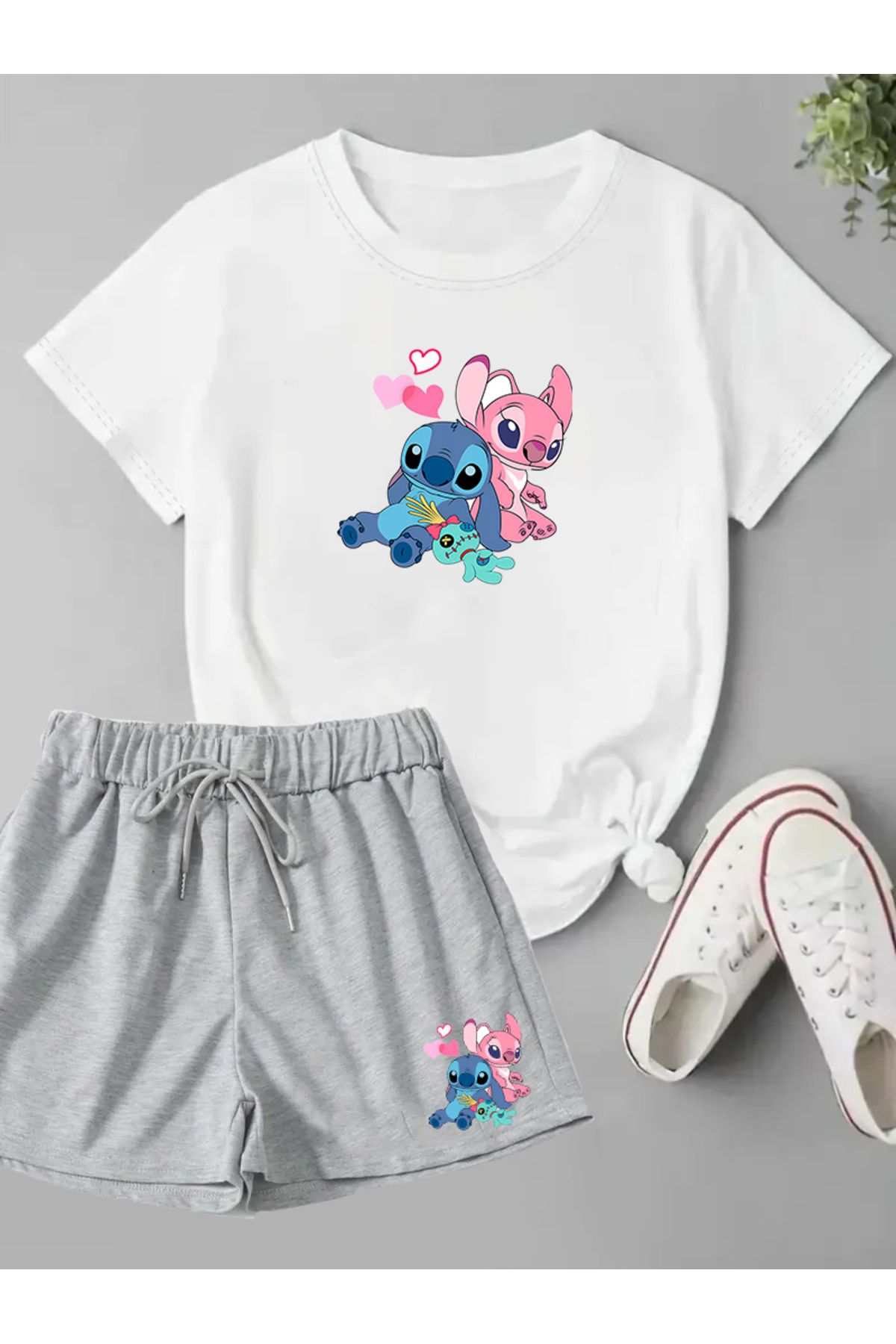 makiteks 2'li Set Düz Renk Kadın Regular Şort ve Tshirt Tişört Lilo Stitch