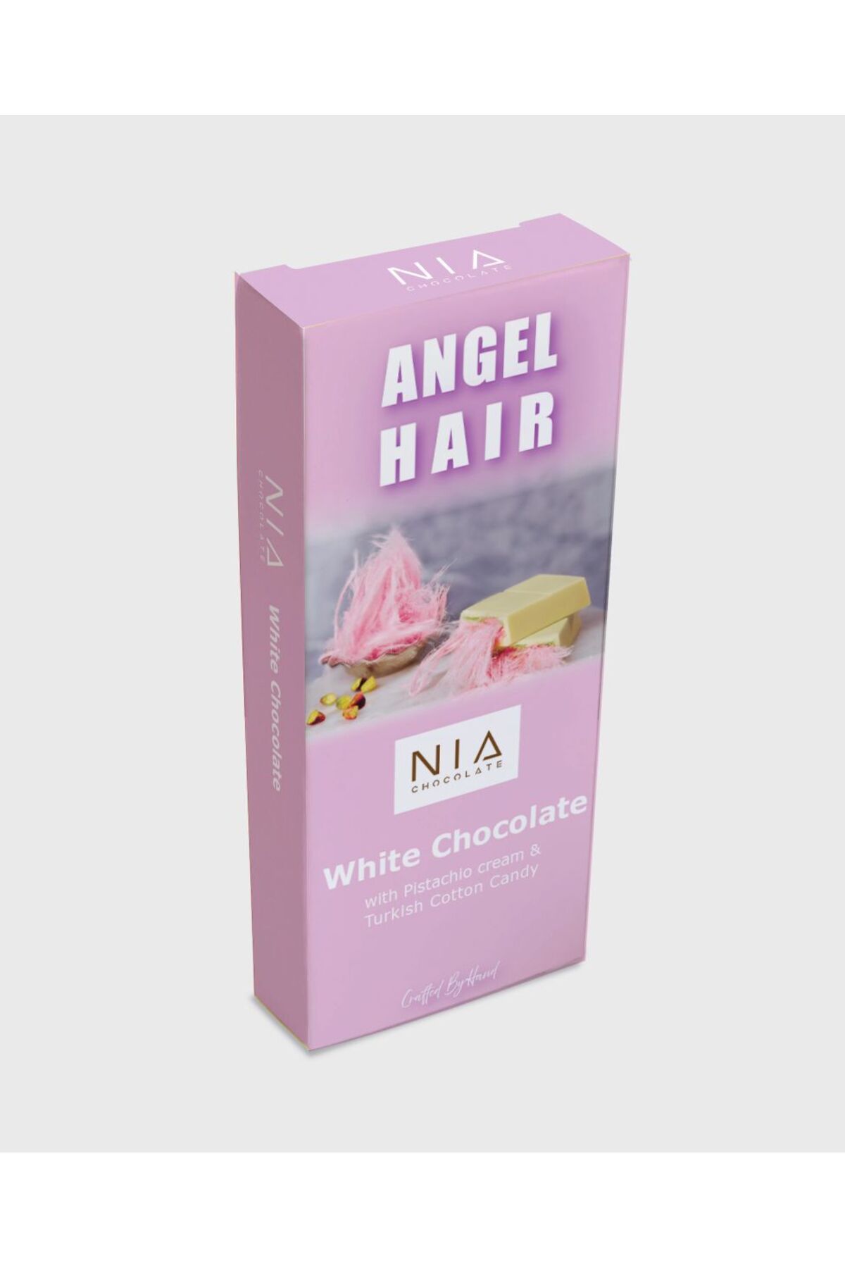 NIA Chocolate Antep Fıstığı Kreması ve Pişmaniye dolgulu Beyaz Çikolata. Angel Hair 85 g