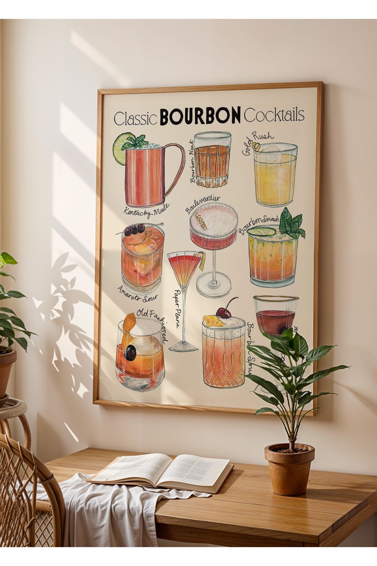 Huca Bourbon Kokteyl Rehberi - Minimalist Poster- Boho - Line Art - Vintage - Çerçevesiz - Kokteyl Çeşit