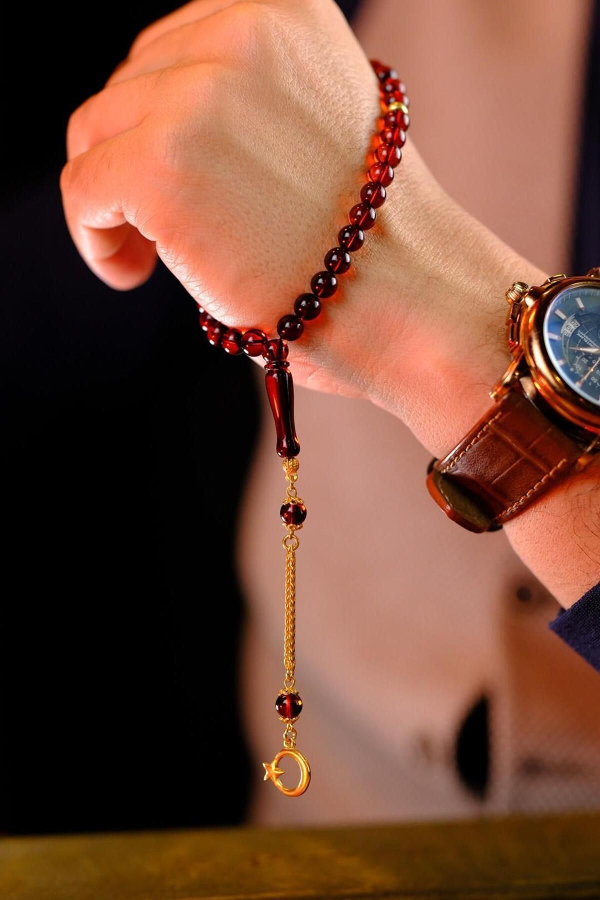 dergah tesbih-Mini Wrist Length Lithuania Drop Amber Silver Crescent and Star Design (Amber) 5