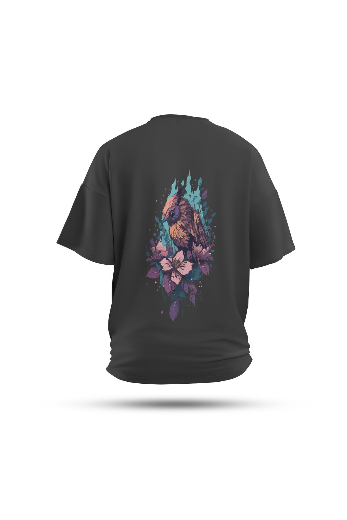 Zestia Unisex T-Shirt, Animals Serçe Sırt Baskılı, Regular, %100 Pamuk, Antrasit T-Shirt No: 019