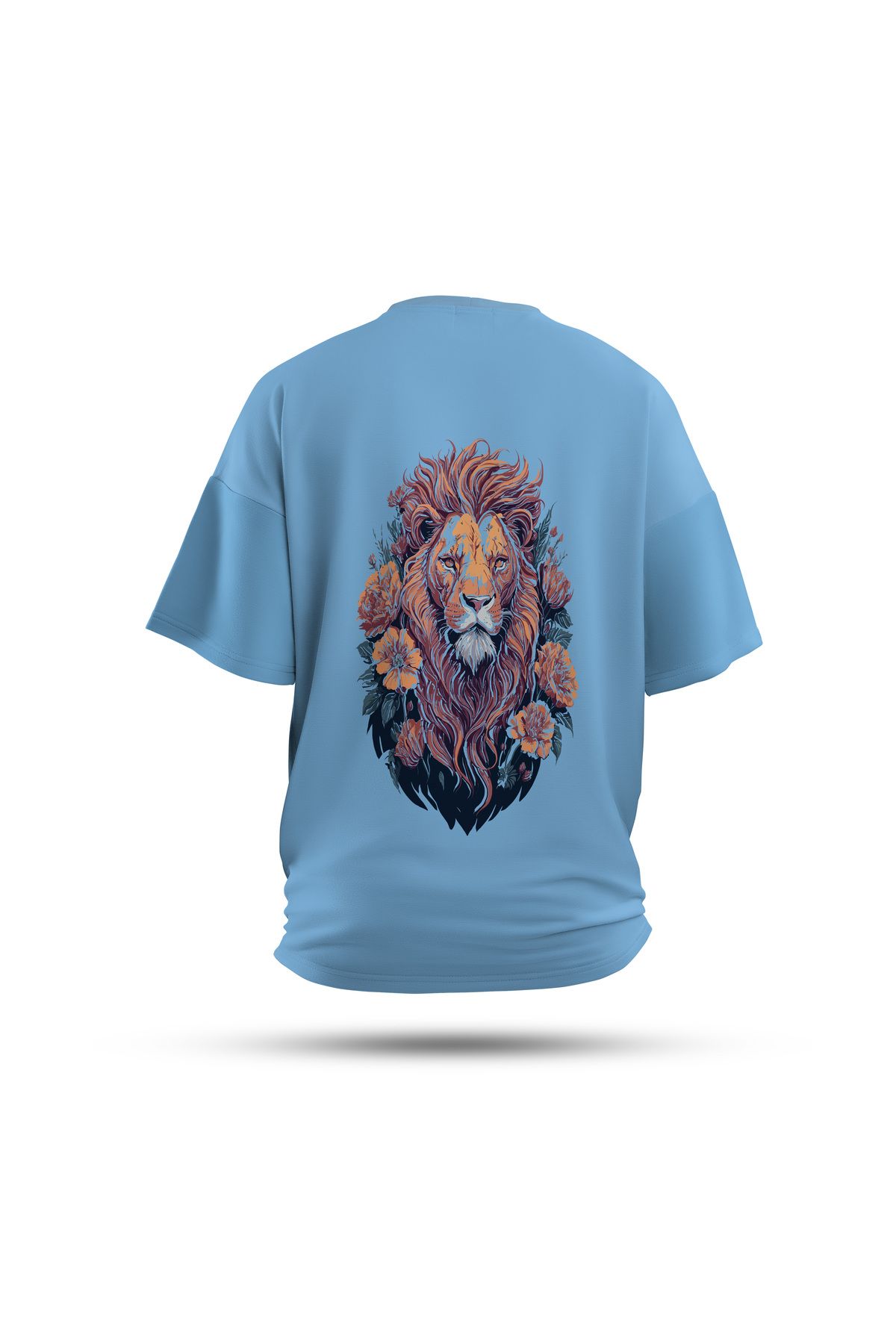 Zestia Unisex T-Shirt, Animals Aslan Sırt Baskılı, Regular, %100 Pamuk, Mavi T-Shirt No: 018