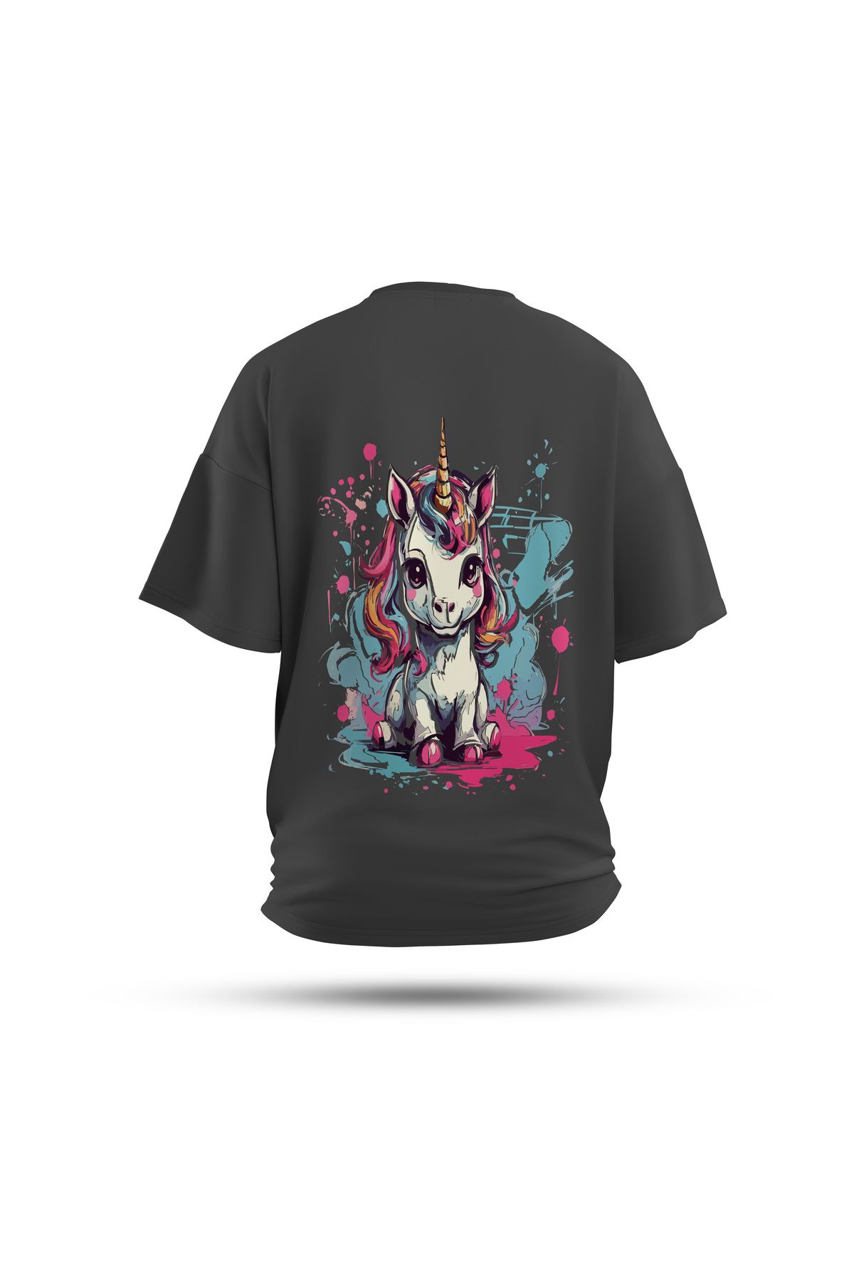 Zestia Unisex T-Shirt, Animals Unicorn Sırt Baskılı, Regular, %100 Pamuk, Antrasit T-Shirt No: 012