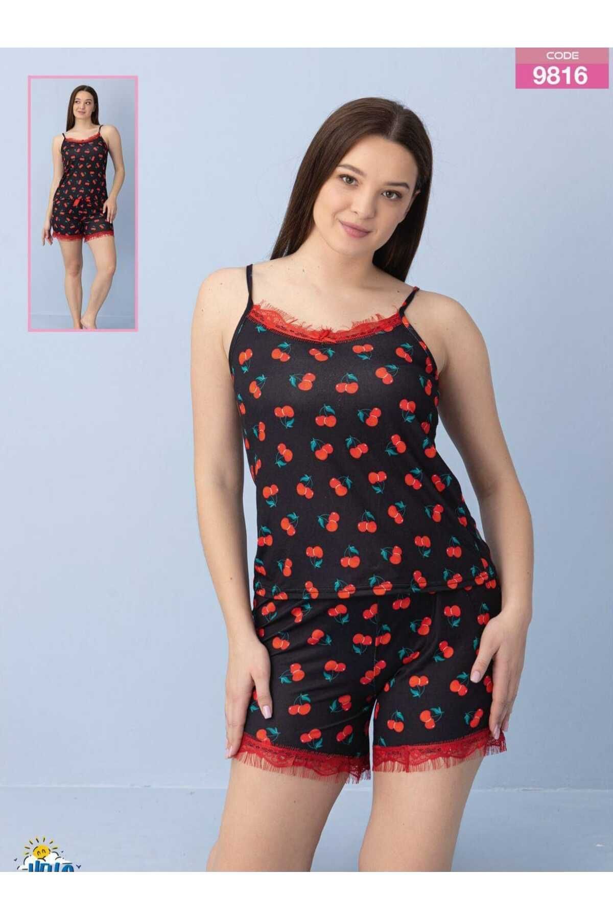 Azra Kadın Siyah Kirazlı İp Askılı Şortlu Pijama Takımı