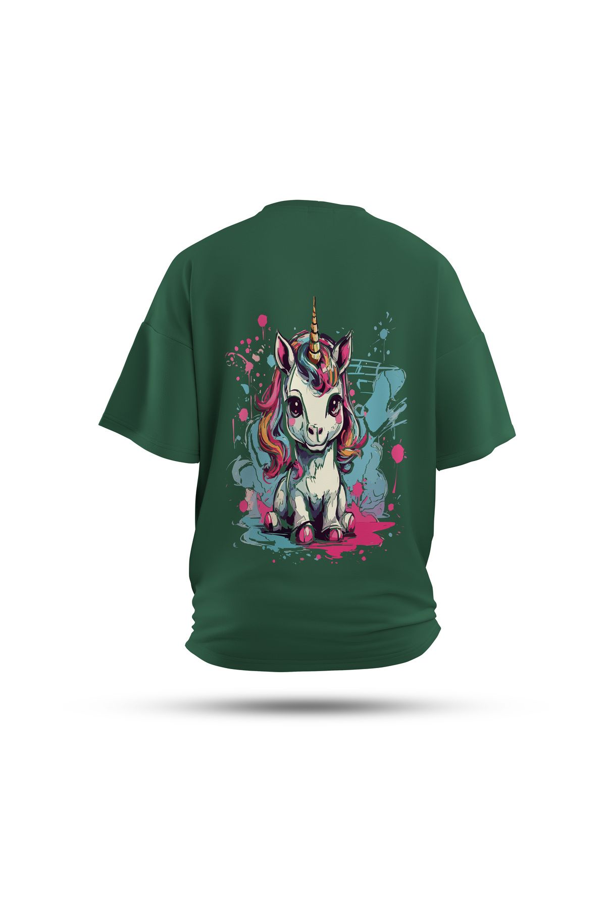 Zestia Unisex T-Shirt, Animals Unicorn Sırt Baskılı, Regular, %100 Pamuk, Yeşil T-Shirt No: 012