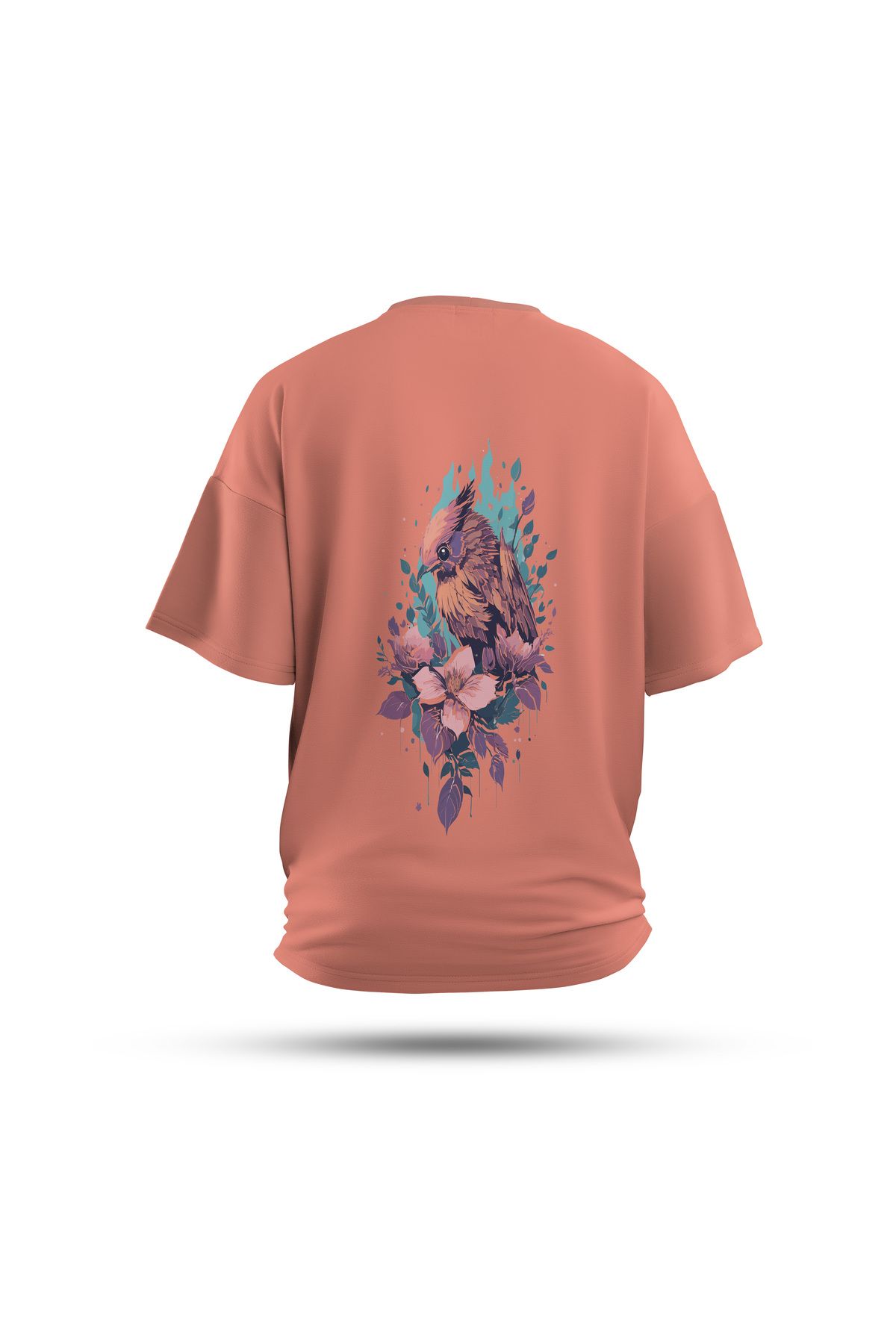Zestia Unisex T-Shirt, Animals Serçe Sırt Baskılı, Regular, %100 Pamuk, Somon T-Shirt No: 019