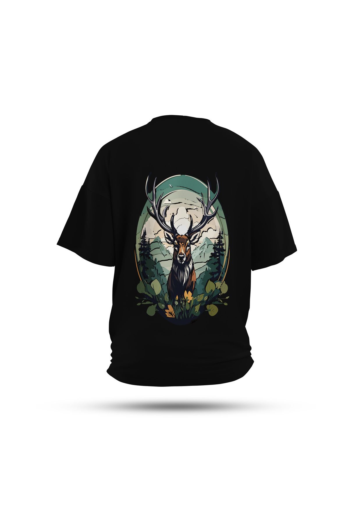 Zestia Unisex T-Shirt, Animals Geyik Sırt Baskılı, Regular, %100 Pamuk, Siyah T-Shirt No: 020