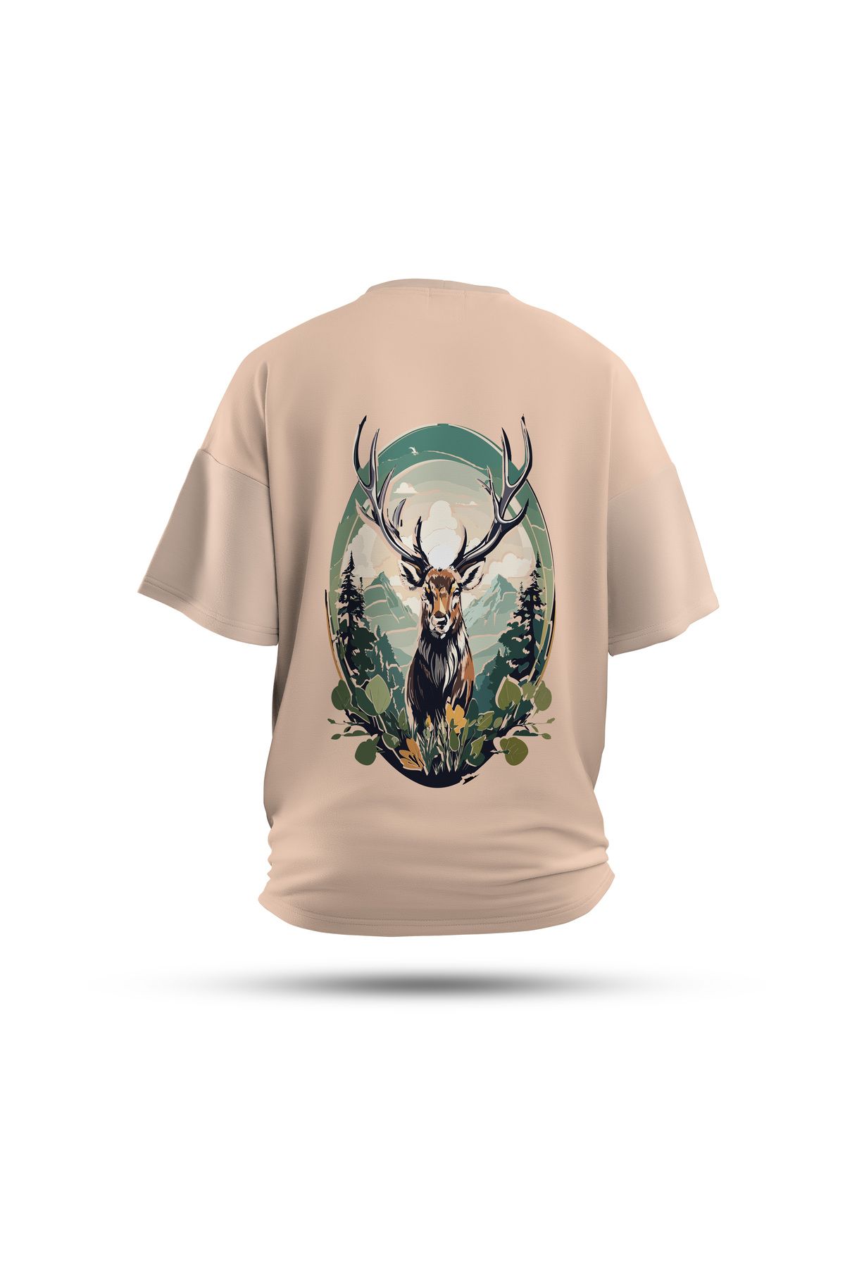Zestia Unisex T-Shirt, Animals Geyik Sırt Baskılı, Regular, %100 Pamuk, Krem T-Shirt No: 020