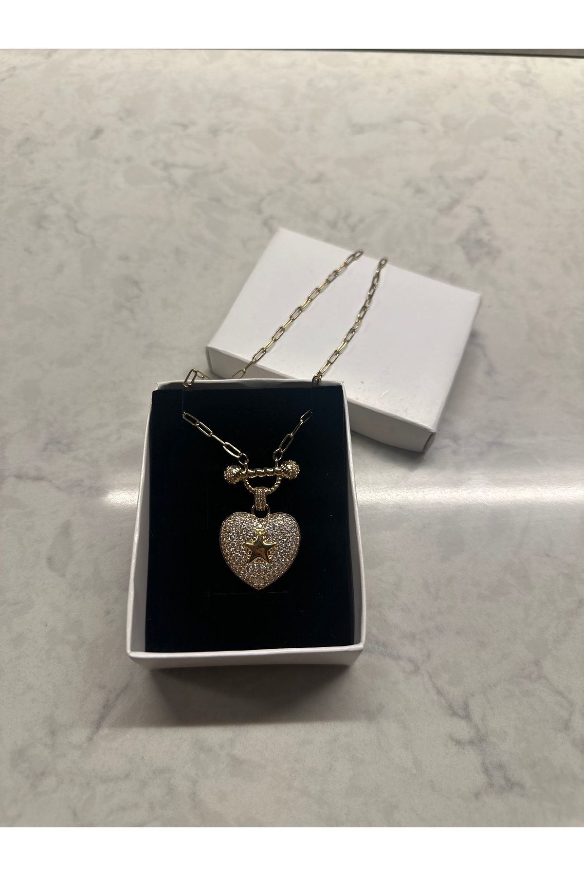 Shop west Taşlı Kalpli Yıldız Detaylı Kolye