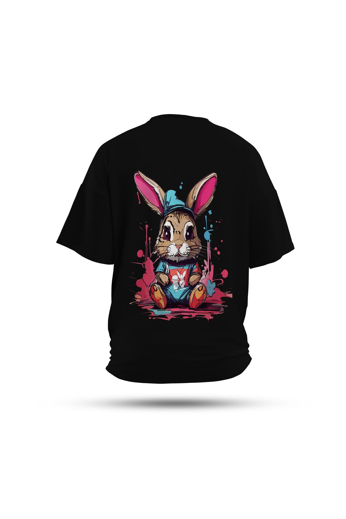 Zestia Unisex T-Shirt, Animals Tavşan Sırt Baskılı, Regular, %100 Pamuk, Siyah T-Shirt No: 013