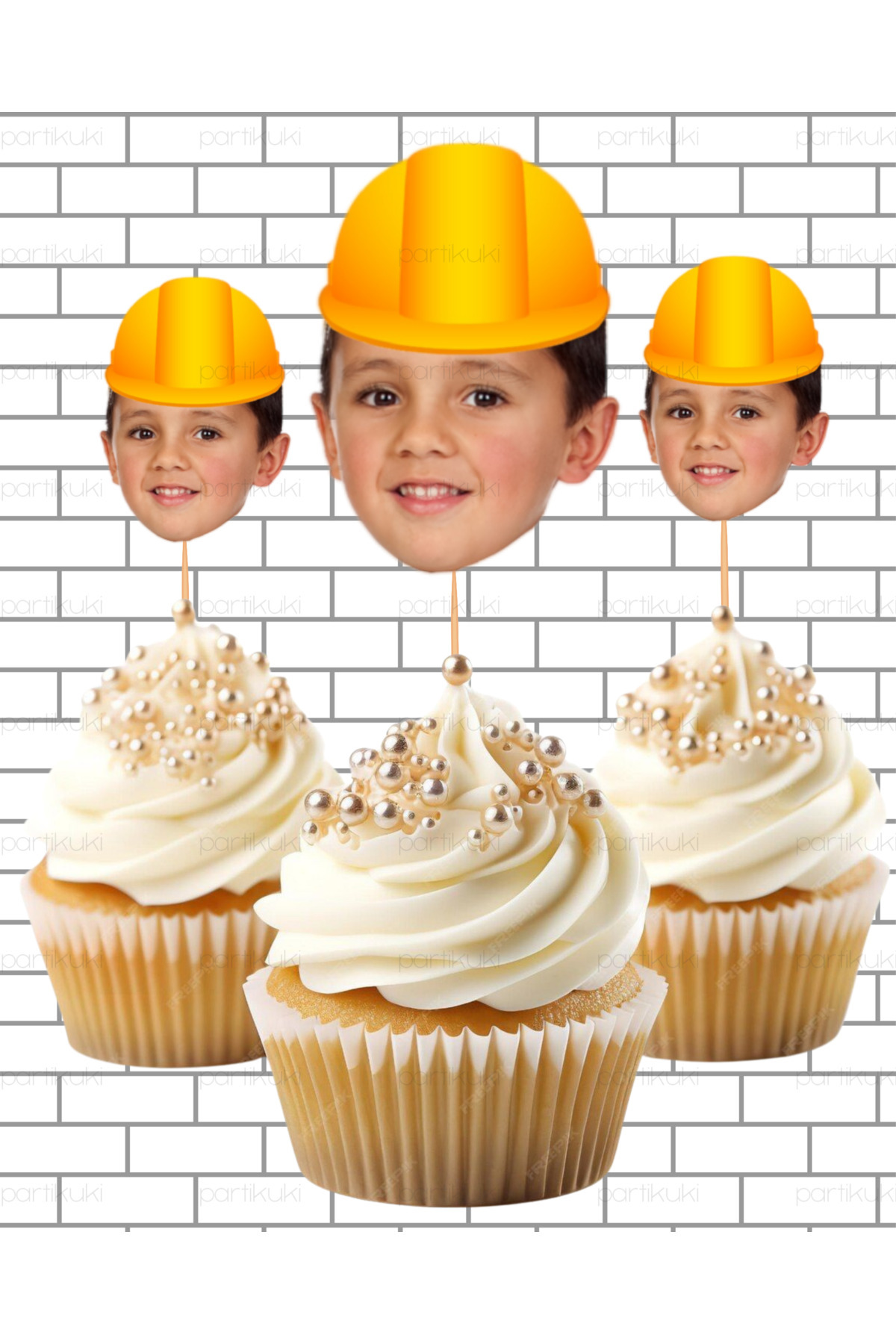 partikuki 6 ADET Kişiye Özel Fotoğraflı İnşaat Meslek Temalı Konsept Doğum Günü Cupcake Süsü Seti Kürdan Süsü