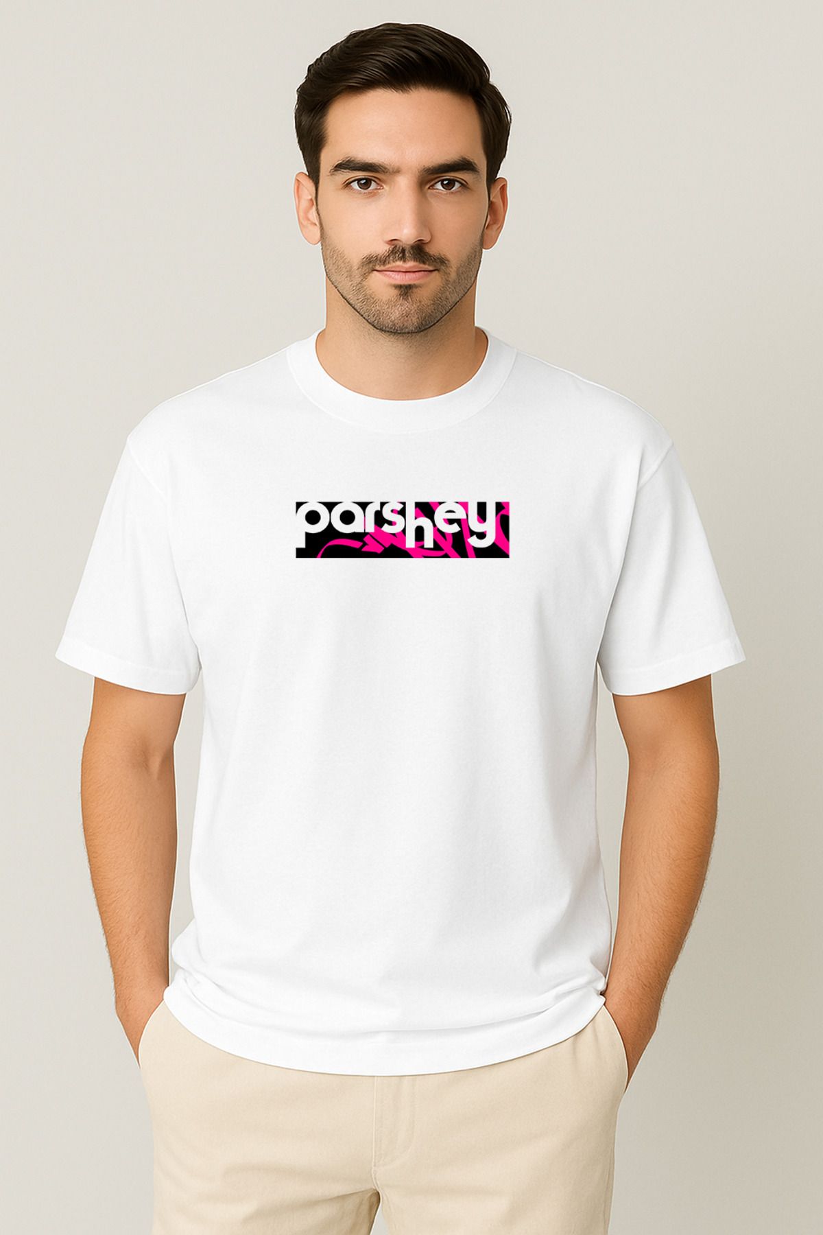 PARSHEY Erkek - Kadın Unisex PARSHEY Pink Street Logo Baskılı Bisiklet Yaka %100 Pamuk Oversize T-shirt