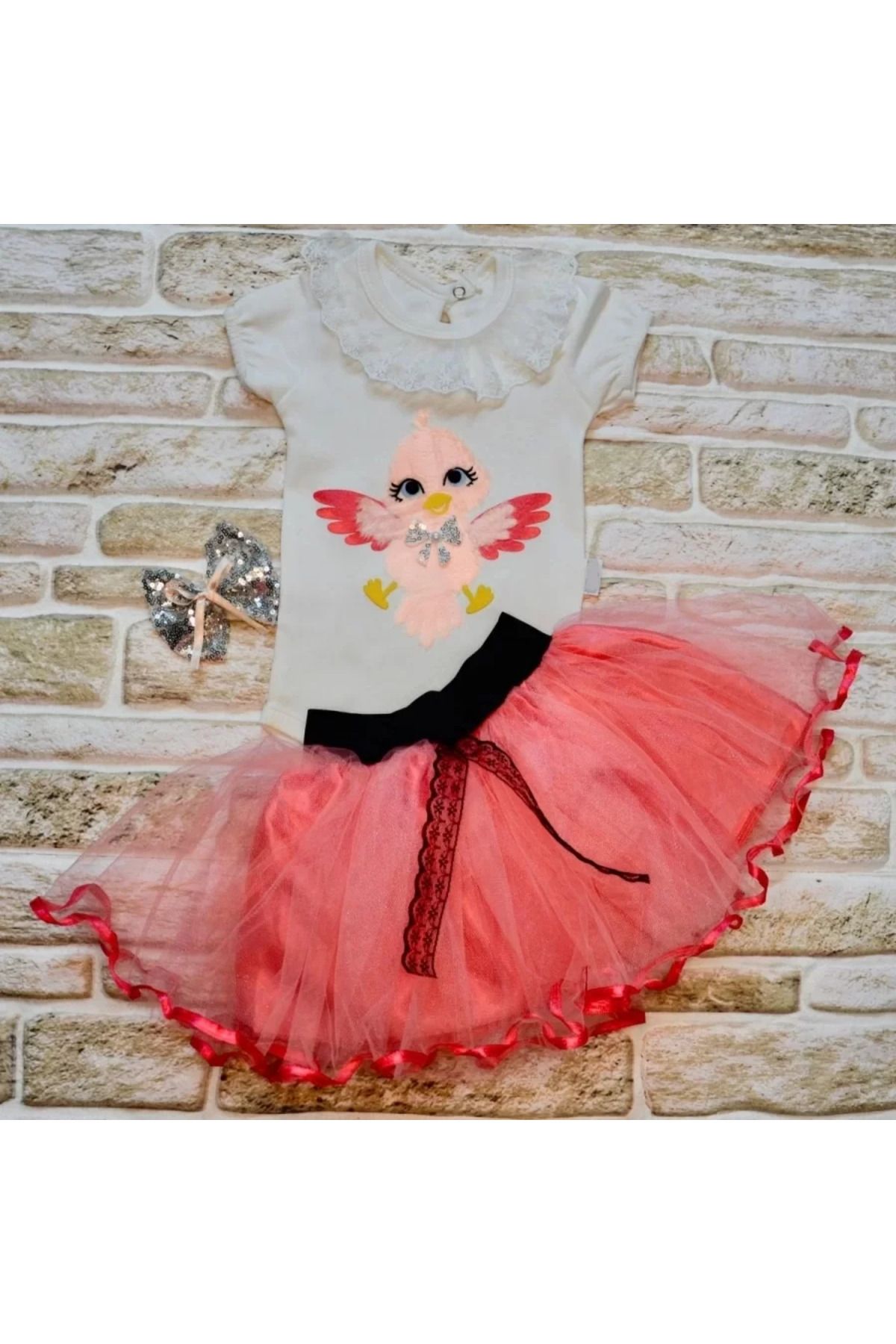 onlinebutik Toka Hediyeli Kuş Desenli Tişört Tütü Etek 2li Kız Bebek Takımı Nar Çiçeği