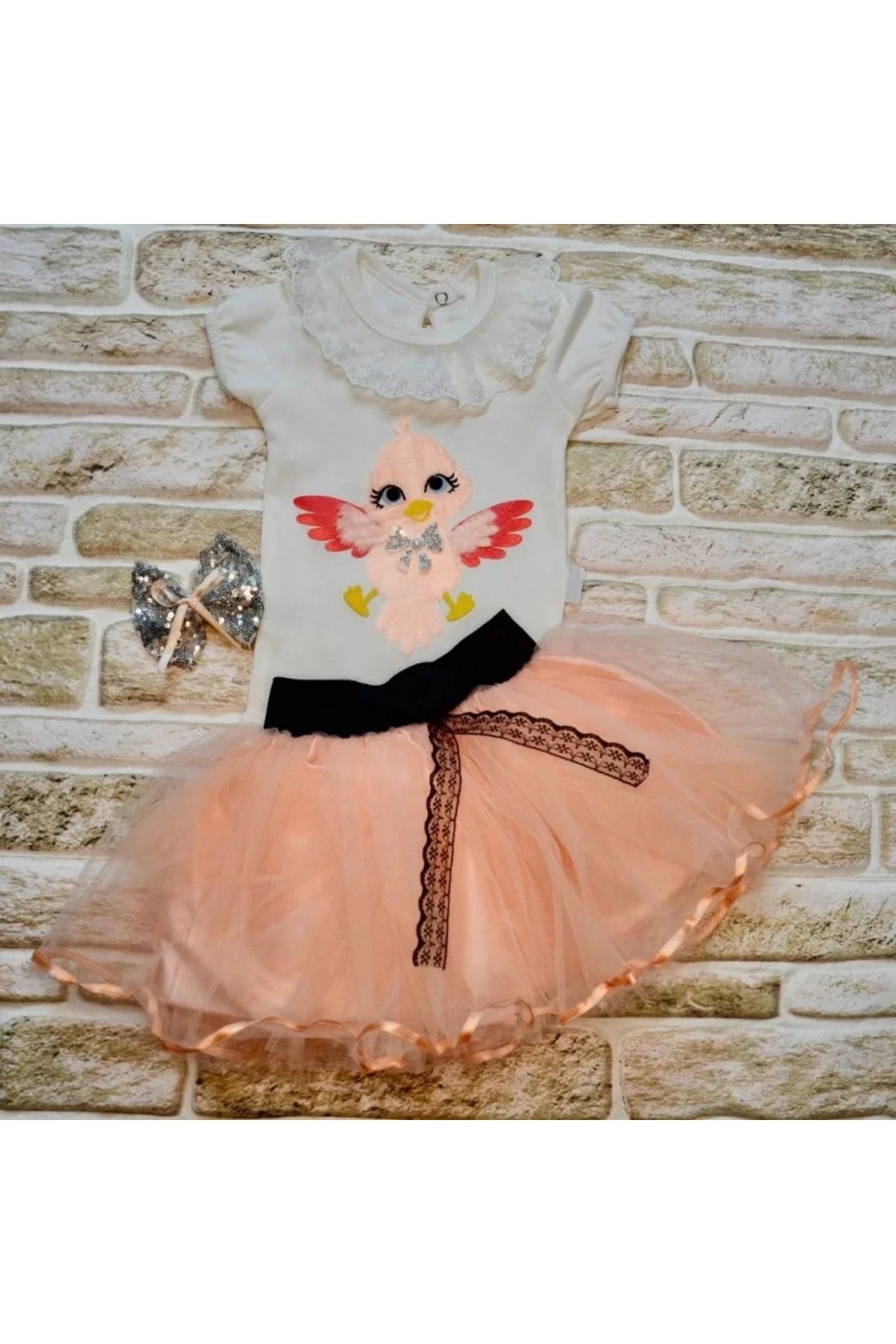 onlinebutik Toka Hediyeli Kuş Desenli Tişört Tütü Etek 2li Kız Bebek Takımı Pudra