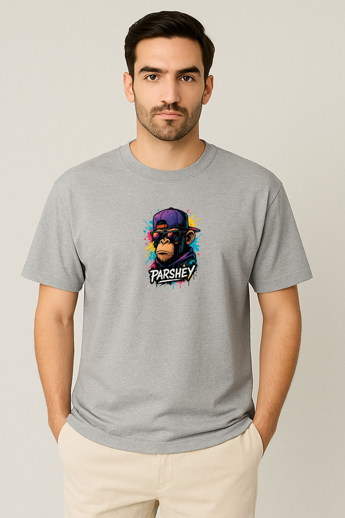 PARSHEY Erkek - Kadın Unisex Graffiti Maymun Baskılı Yarım Kollu Bisiklet Yaka %100 Pamuk Oversize T-shirt