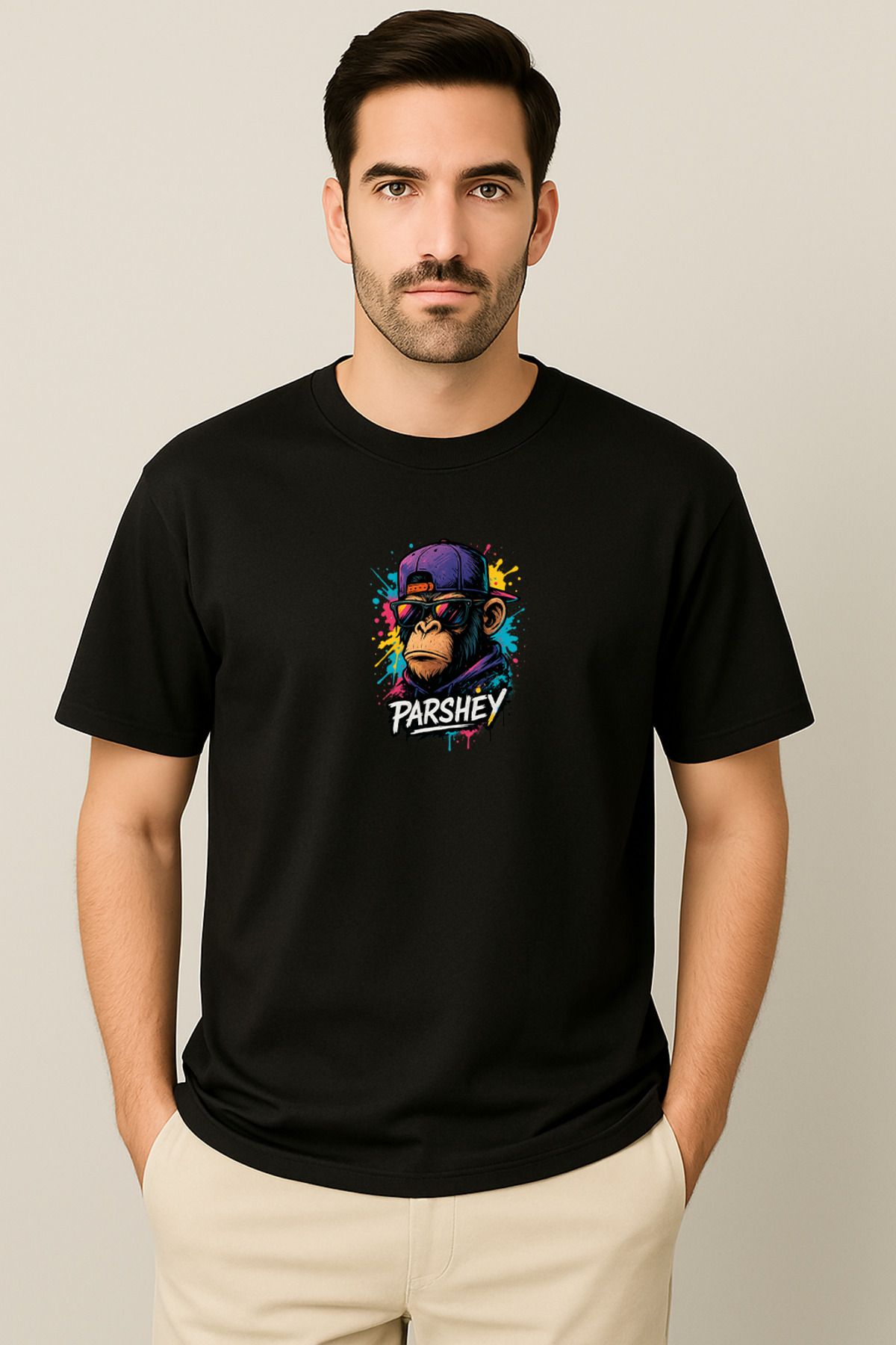 PARSHEY Erkek - Kadın Unisex Graffiti Maymun Baskılı Yarım Kollu Bisiklet Yaka %100 Pamuk Oversize T-shirt