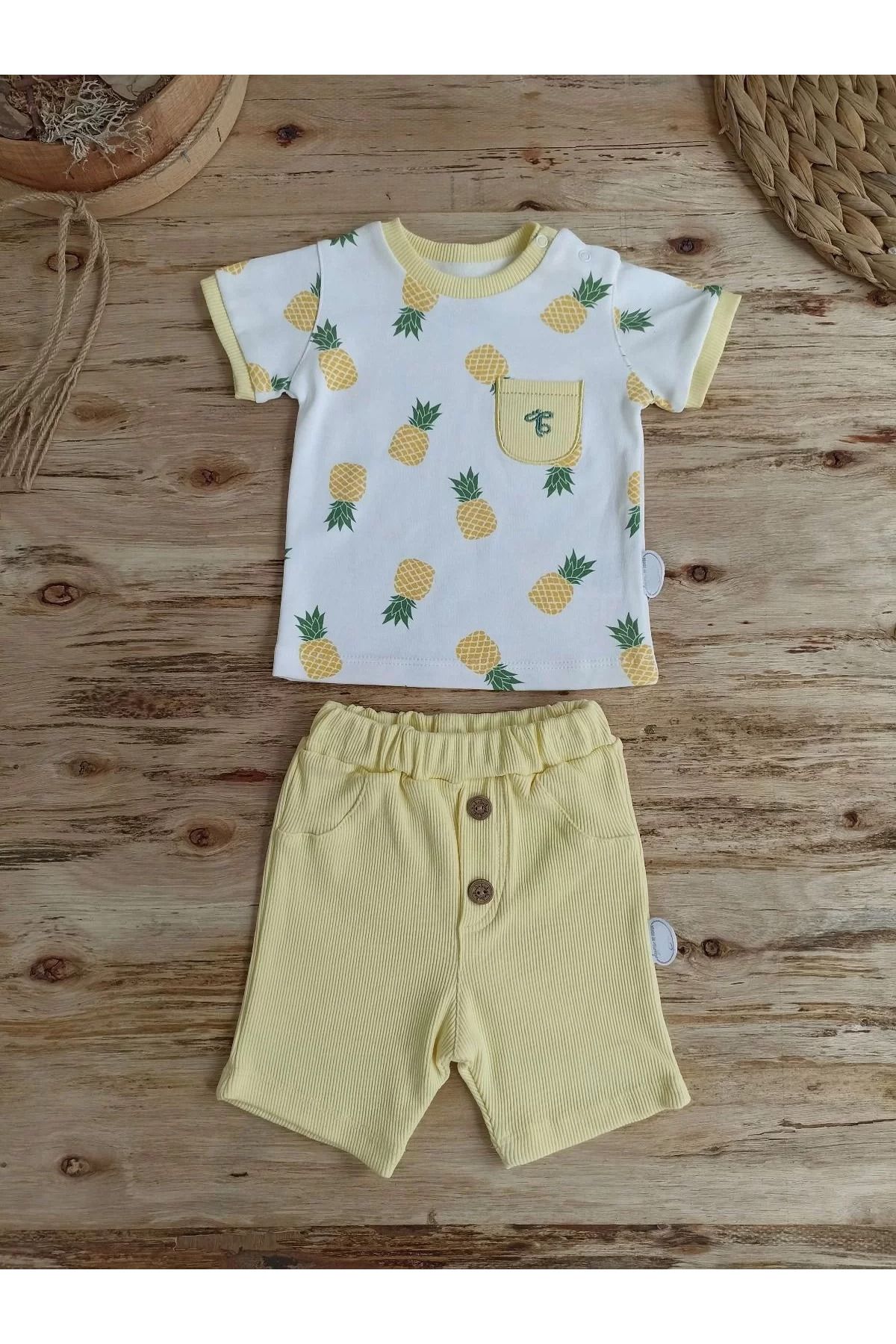 onlinebutik Ananas Baskılı Şort Tişört 2 Li Kız Erkek Bebek Takımı Sarı