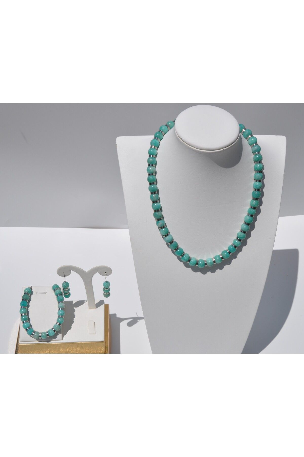 Nilfu Atelier AMAZONİT DOĞAL TAŞ KOLYE BİLEKLİK KÜPE SETİ