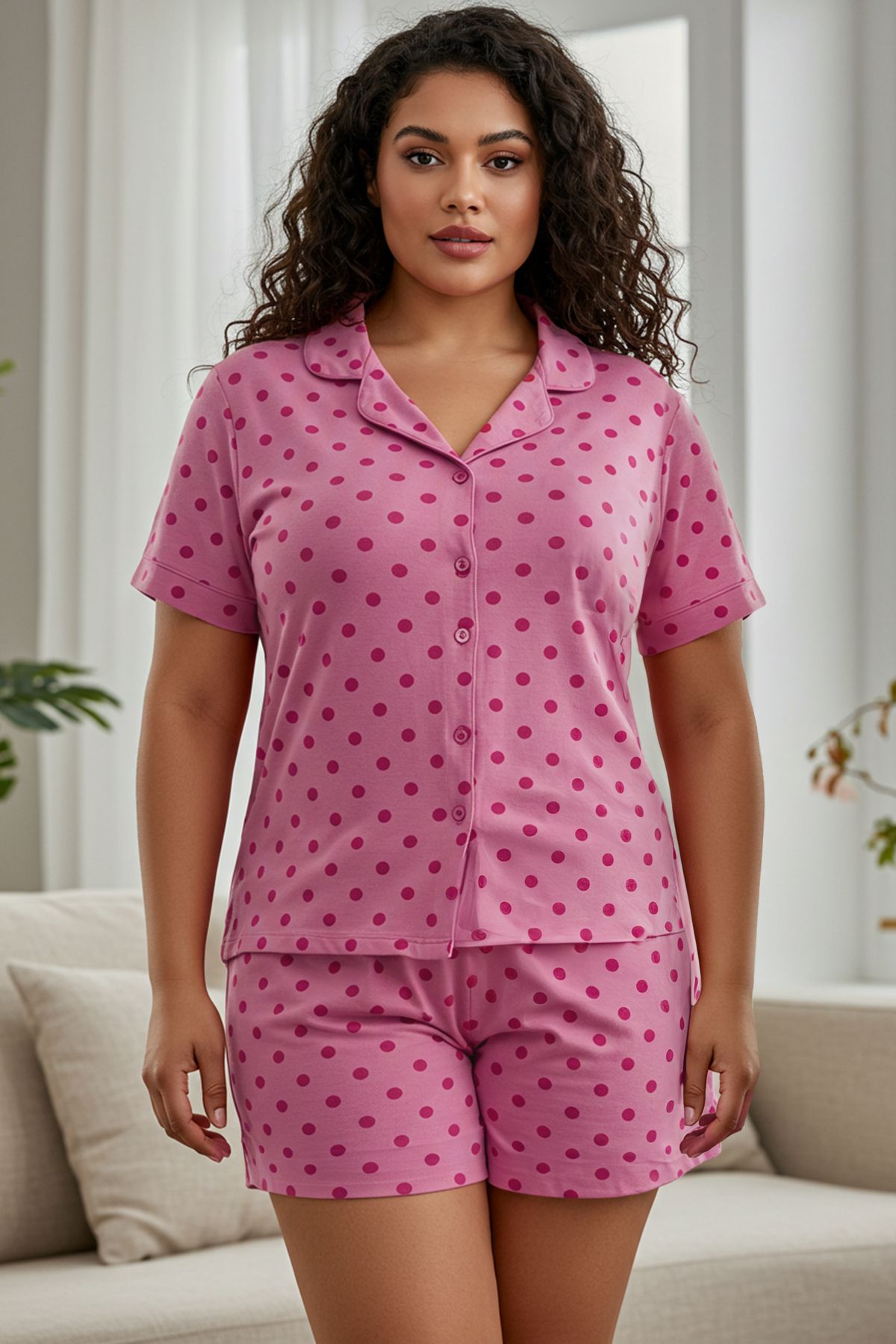 Trendyol Curve Komplet Piżamowy Z Kołnierzykiem W Groszki - Kobieta - 6XL