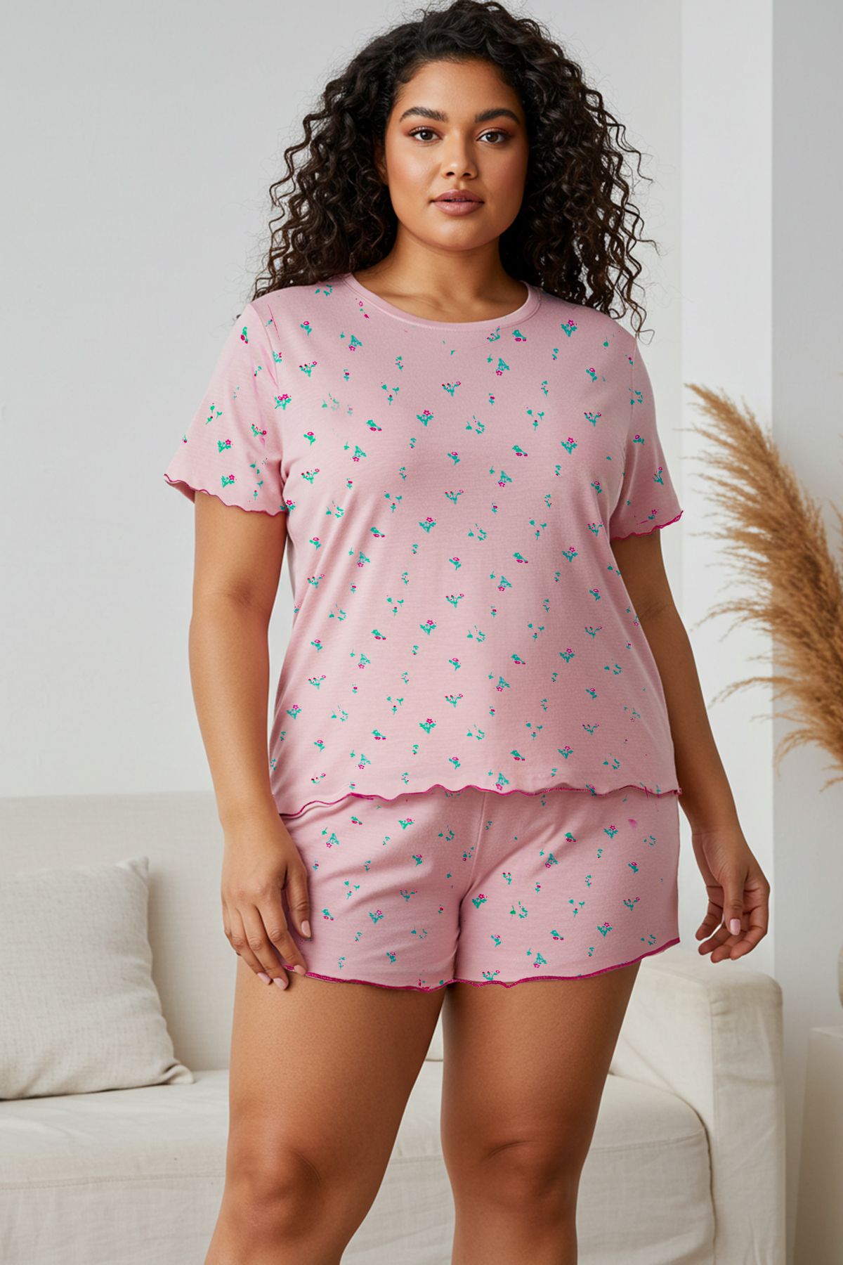 Trendyol Curve Różowy, Kwiatowy Nadruk, Dzianinowy Zestaw Piżamowy Tbbss25ai00030 Kobieta - 5XL