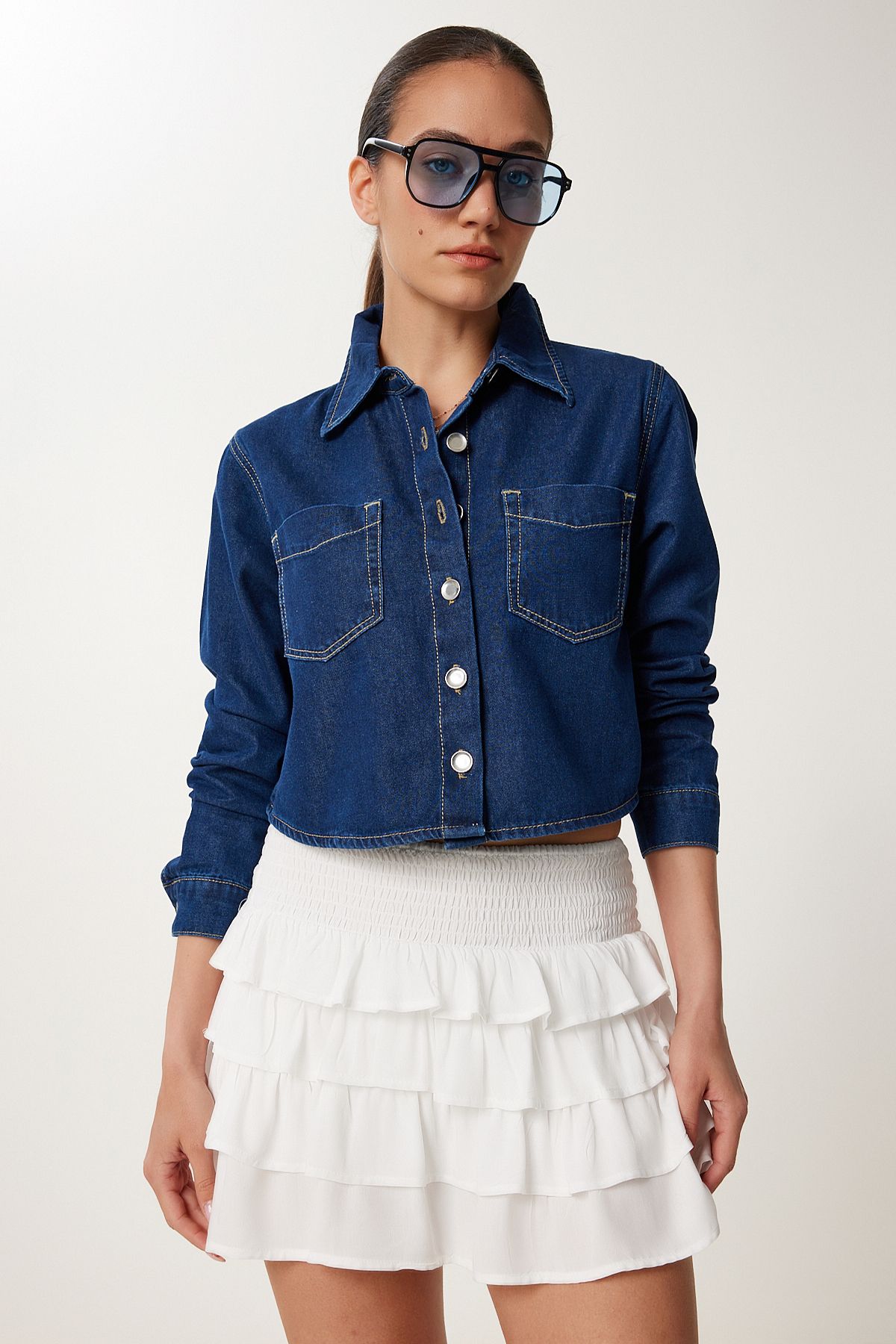Happiness İstanbul Kadın Koyu Mavi Cep Detaylı Denim Ceket SA00038