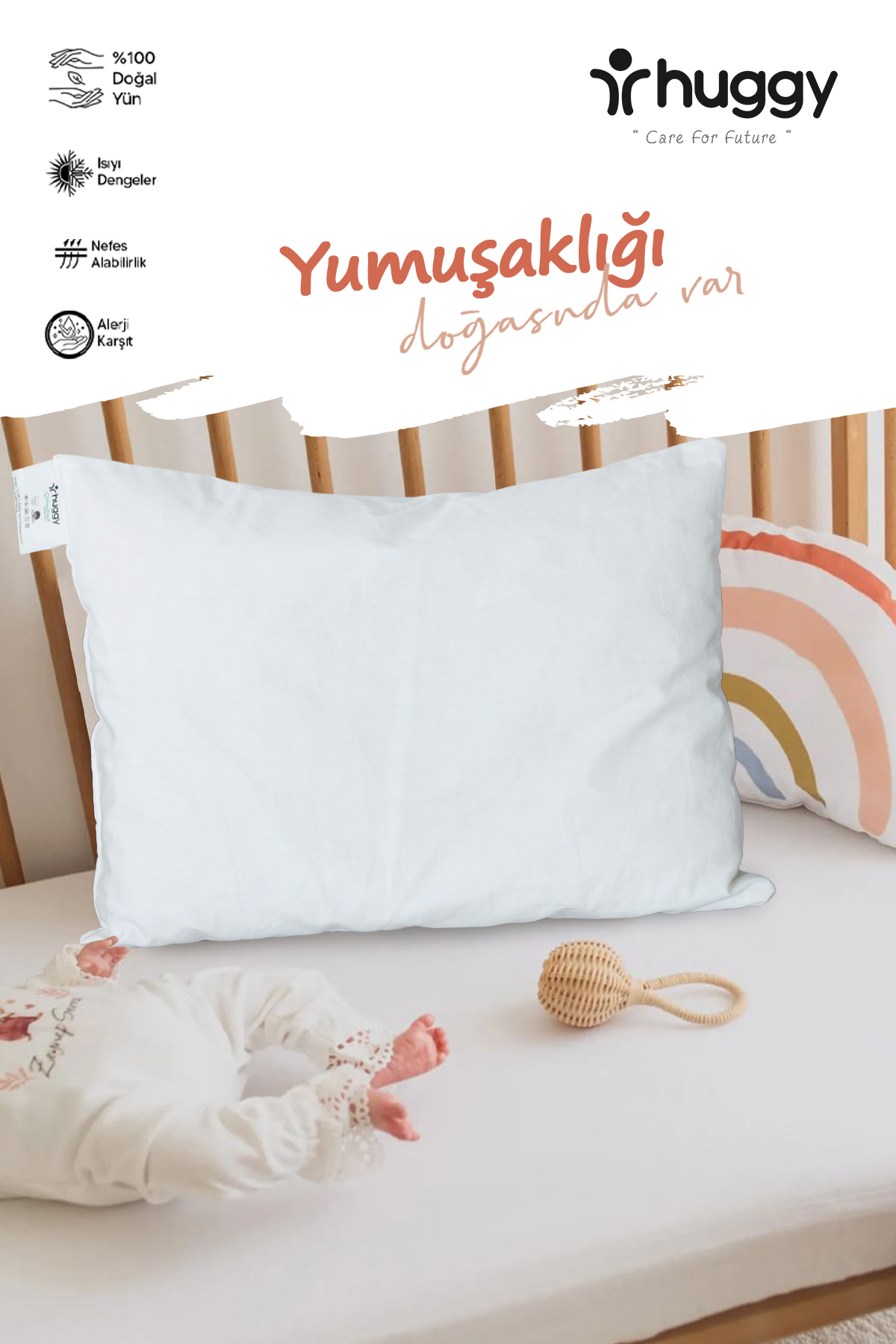 Huggy %100 Yeni Zelanda Kuzu Yünü 30x40 Bebek Yastığı – Doğal ve Nefes Alabilir