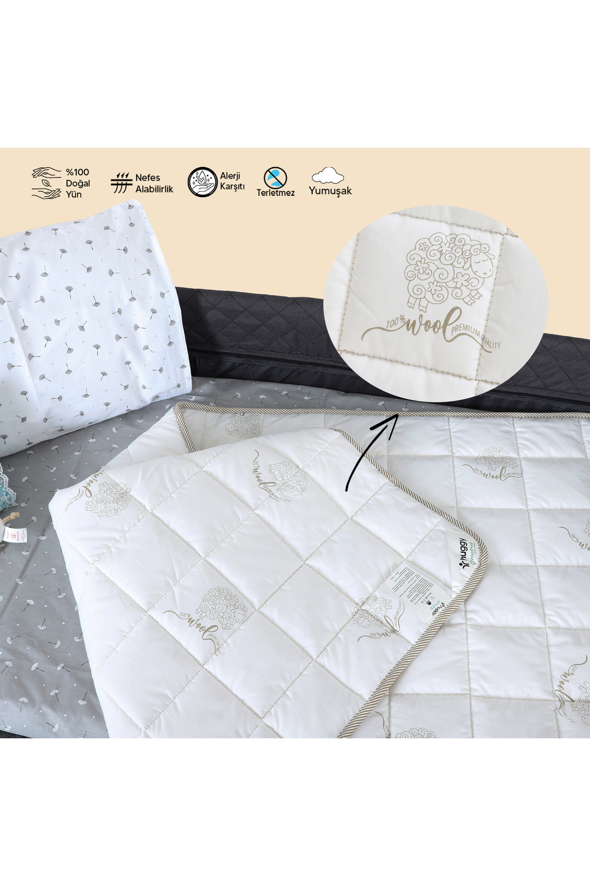 Huggy 75x125 Bebek Yorganı – %100 Yeni Zelanda Kuzu Yünü, %100 Pamuk Kumaş fotoğrafı 4 (önizleme)