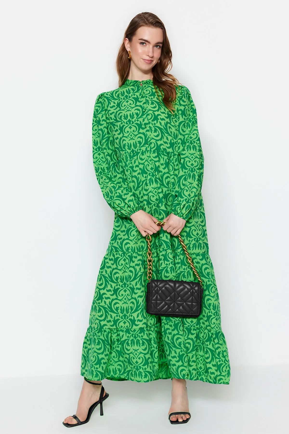 Trendyol Modest Zielona Wzorzysta, Szeroka, Bawełniana Sukienka Z Plisą Kobieta - 34