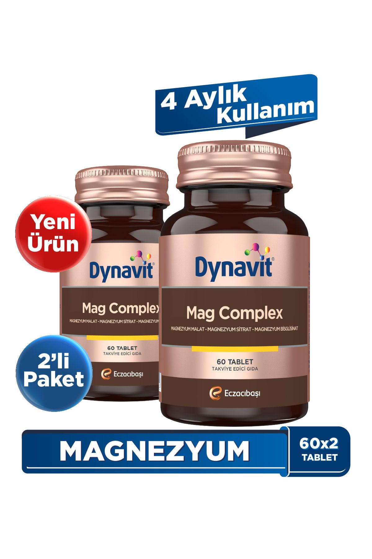 Dynavit Mag Complex 60 Tablet 2'Li Avantaj Paket - Magnezyum Malat, Magnezyum Sitrat, Magnezyum Bisglisinat