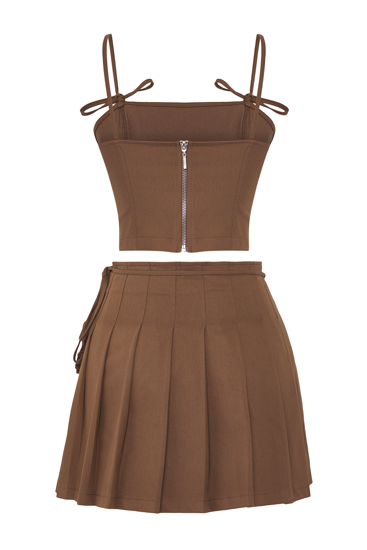 Trendyolmilla  Açık Kahverengi Pilili Kruvaze Etekli Fiyonk Crop Bluz Pamuklu İkili Alt Üst Takım TWOSS25AU00111 - Görsel 7