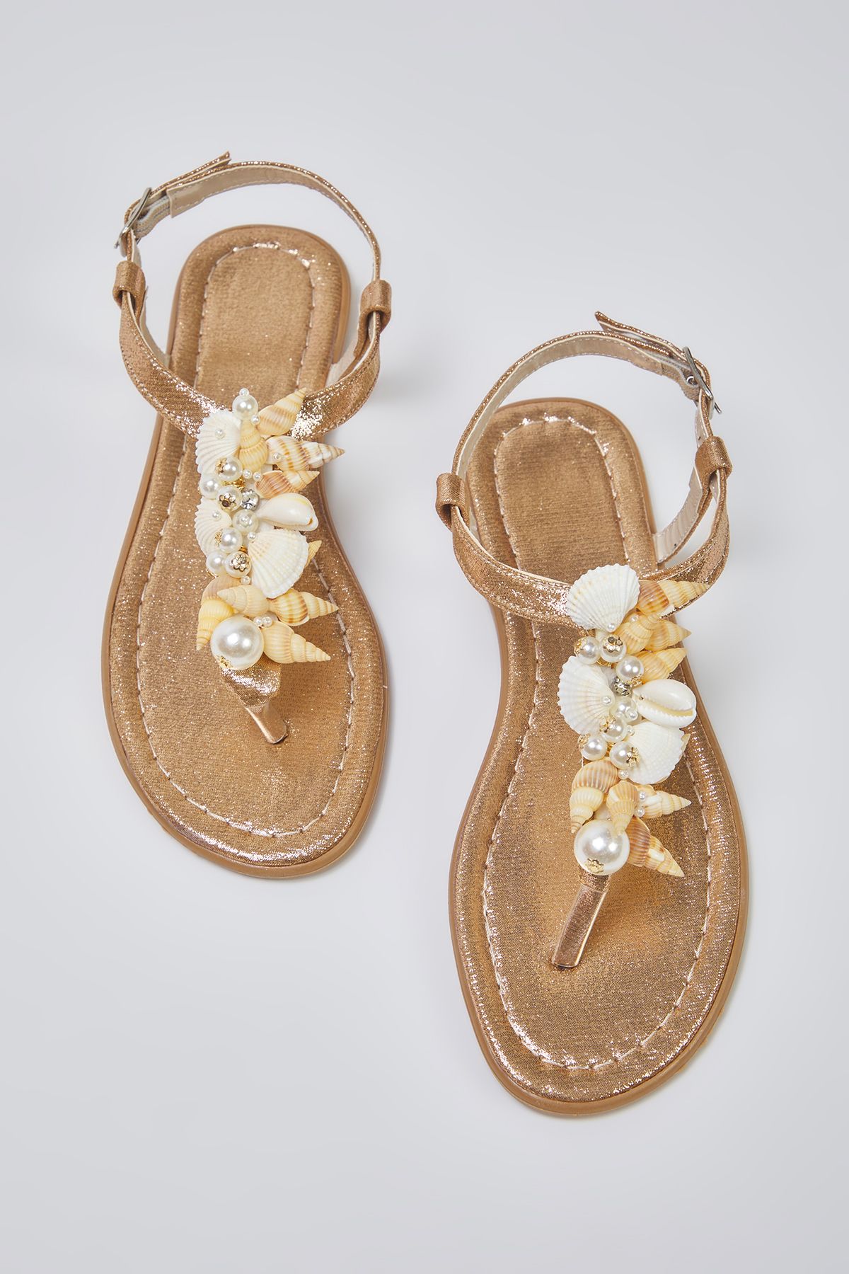 TRENDYOL SHOES Brązowe, Perłowe, Muszlowe, Stylowe Sandały Damskie Z Ozdobnymi Klapkami Kobieta - 36