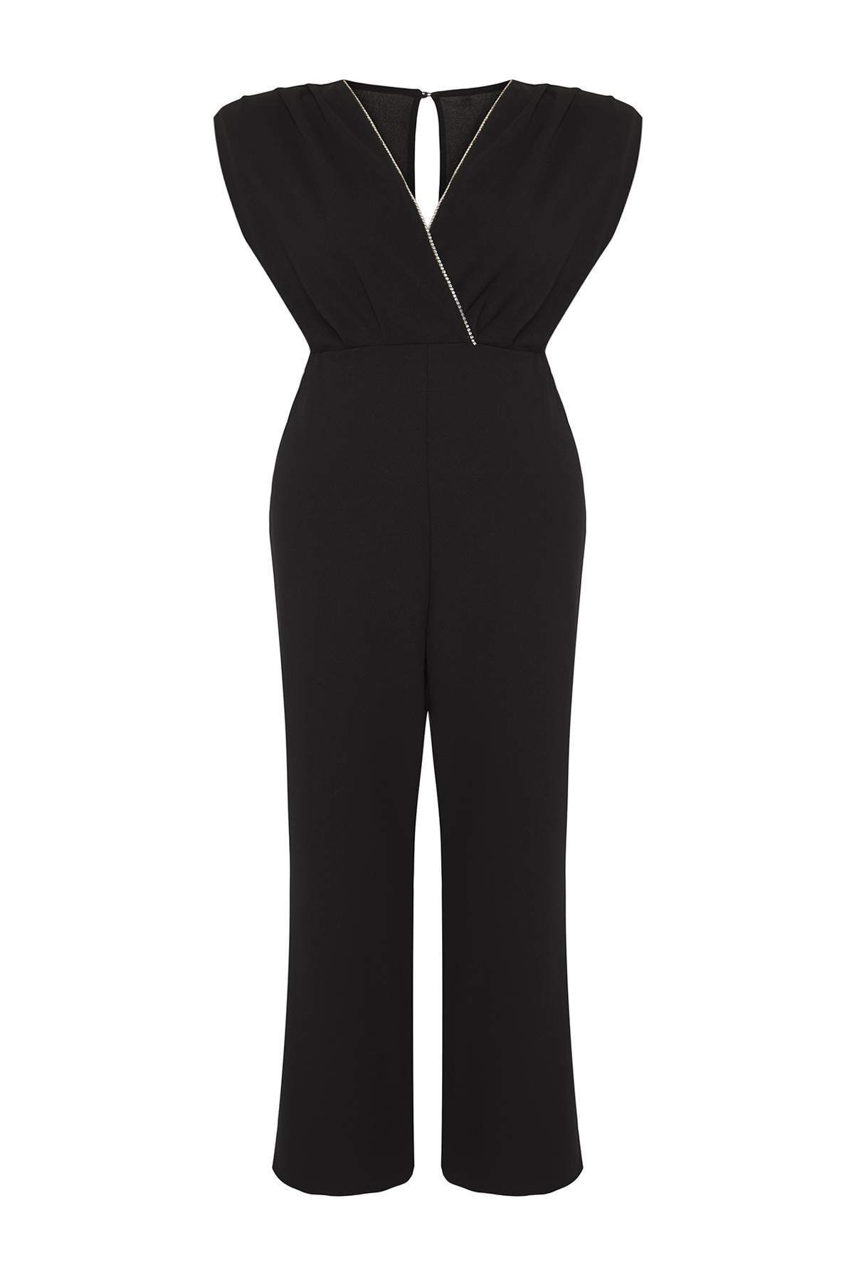 Trendyol Curve-Schwarzer Strickoverall mit zweireihigem Ausschnitt und Strasssteinen in Übergröße TBBSS25BG00012 6