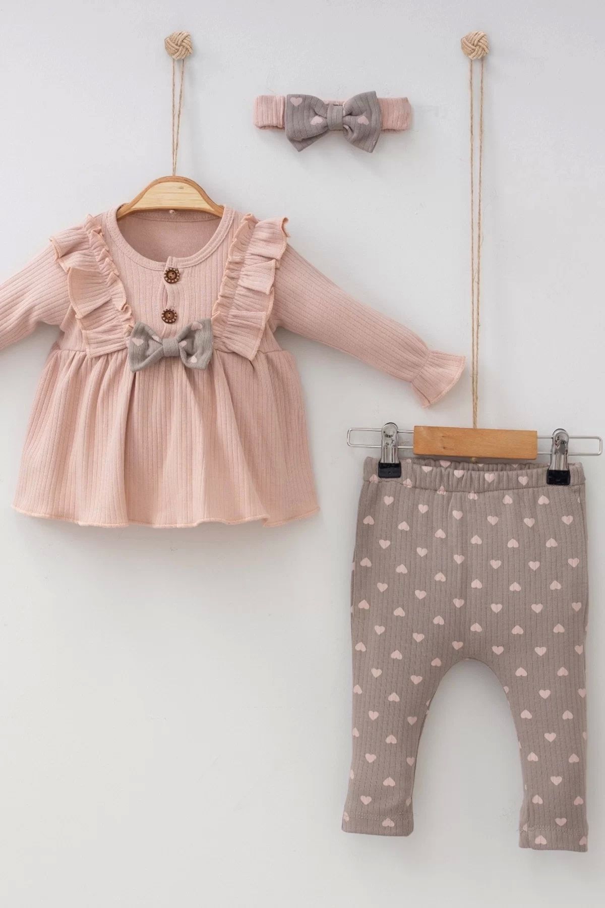 little stars Minik Kalpli Fırfırlı Bandanalı 3'lü Kız Bebek Takımı
