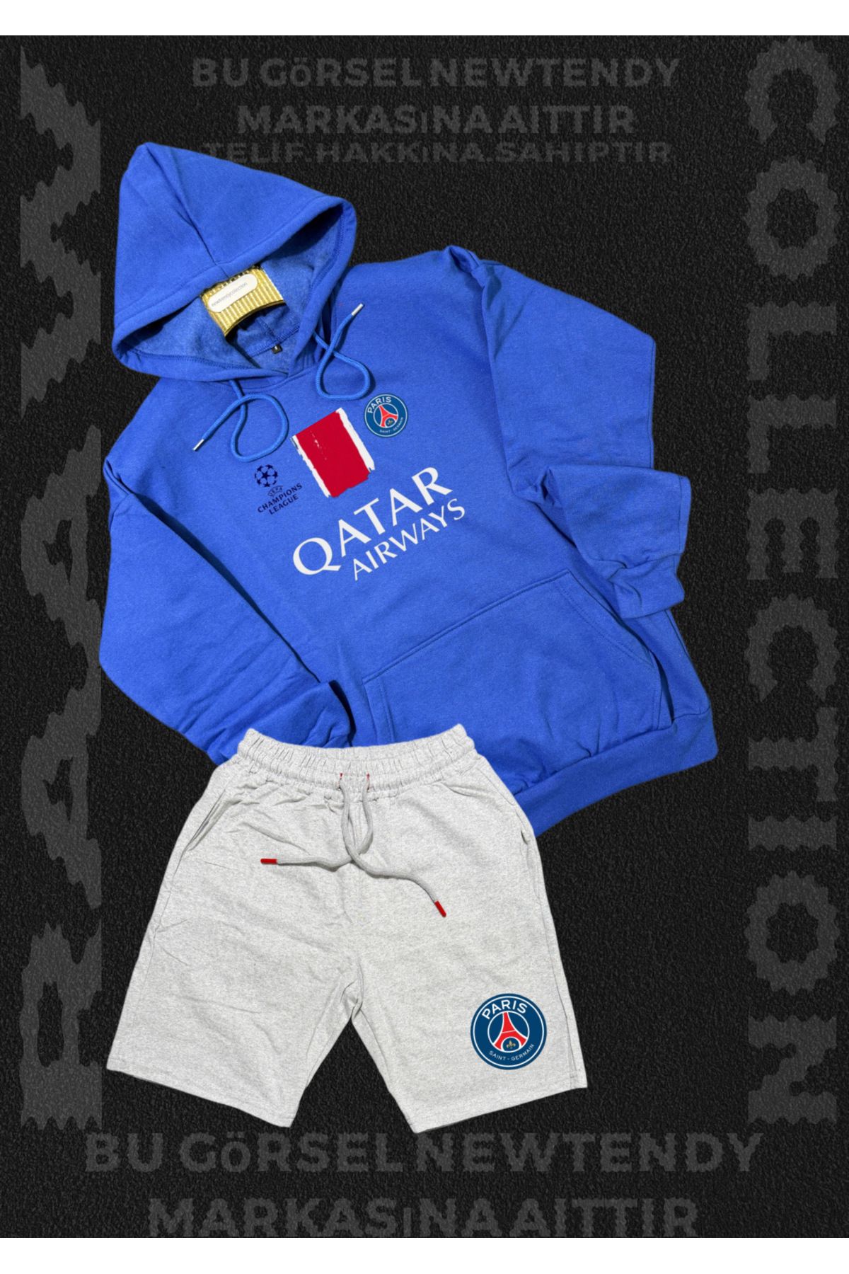 Minikelya Paris Sweatshirt Şort Takım Erkek Kapüşonlu Üst Gri siyah Alt Spor Taraftar 2 iplik Kombin