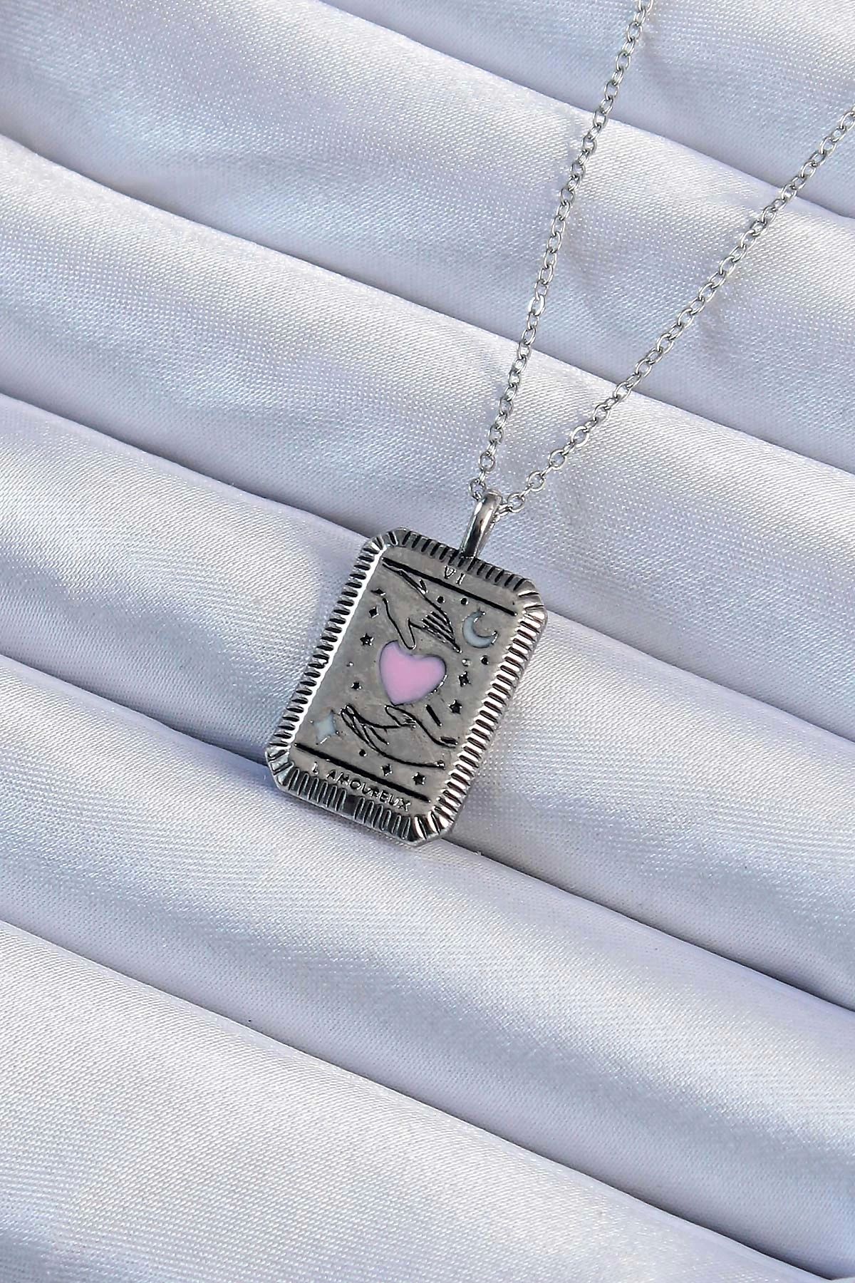 Clariss 316L Çelik Zincir Eskitme Gümüş Renk Pembe Mineli Kalp Figürlü Tarot Kolye