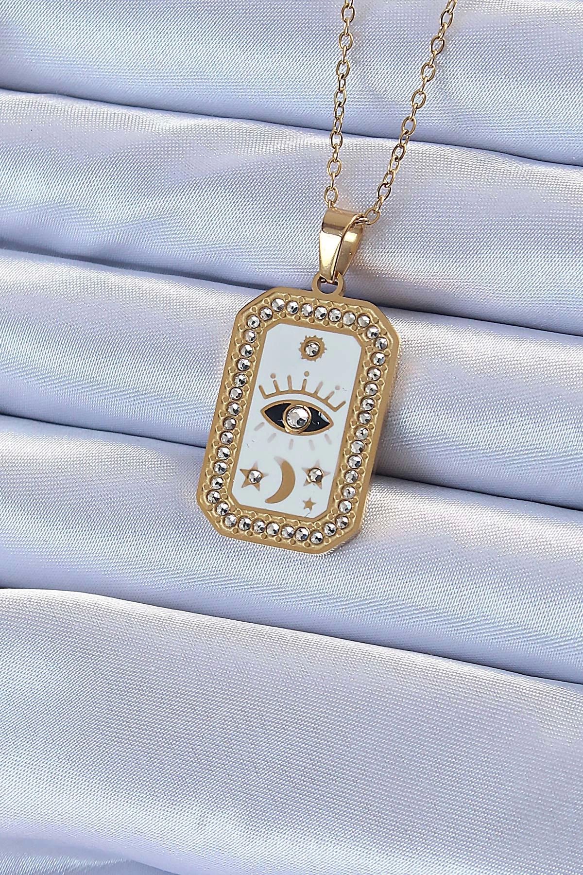 Clariss 316L Çelik Zincir Altın Renk Mineli Zirkon Taşlı Göz Figür Tarot Kolye