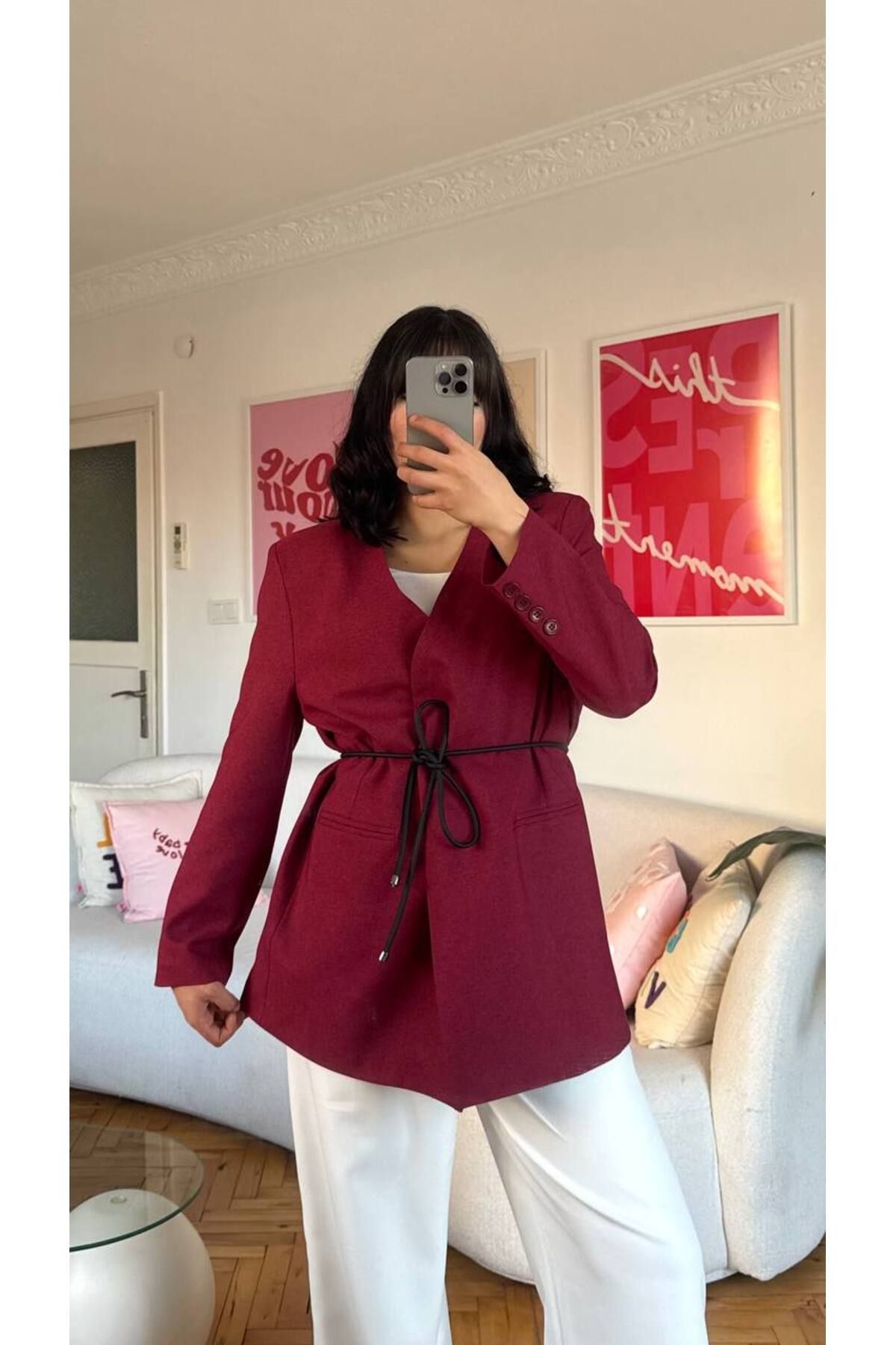 Castivo Fashion Kemer Detaylı V Yaka Dikişsiz Kadın Blazer Ceket