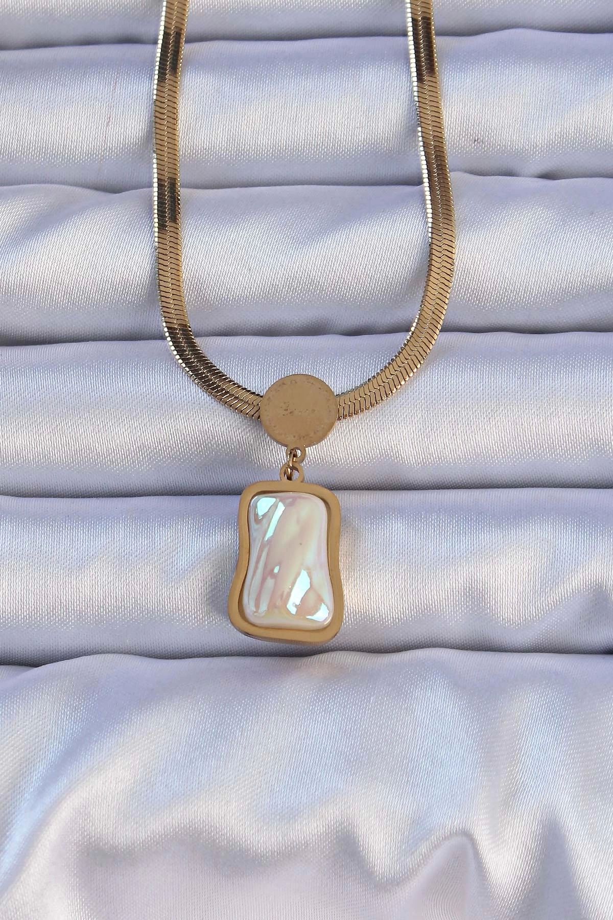 Clariss 316L Çelik Gold Renk İtalyan Zincir Ezme Taşlı Kolye