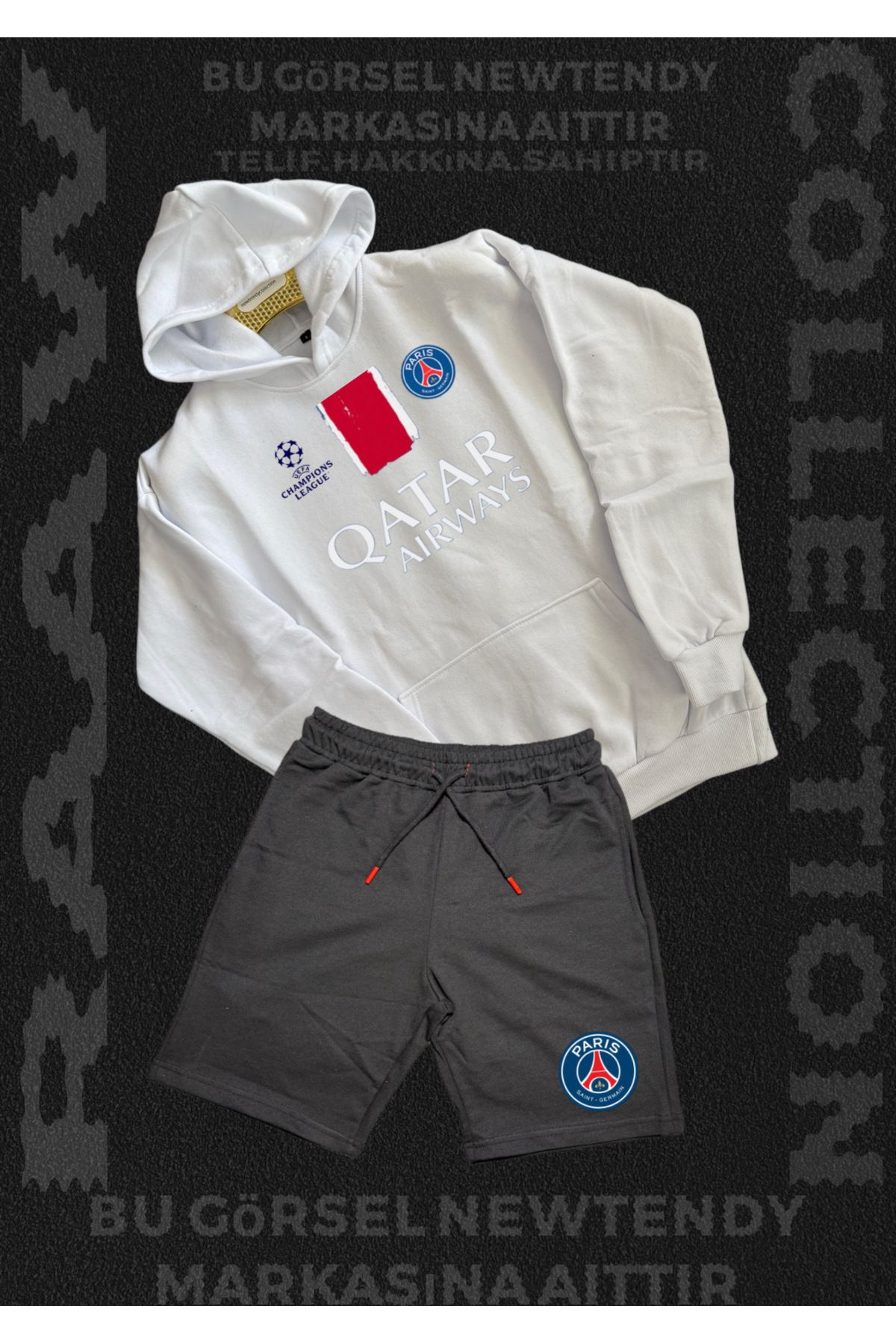 Minikelya Paris Sweatshirt Şort Takım Erkek Kapüşonlu Üst Gri siyah Alt Spor Taraftar 2 iplik Kombin