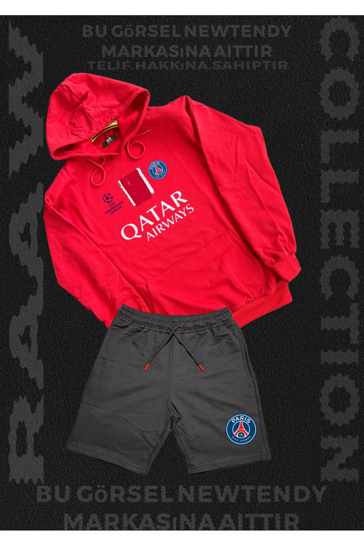 Minikelya Paris Sweatshirt Şort Takım Erkek Kapüşonlu Üst Gri siyah Alt Spor Taraftar 2 iplik Kombin