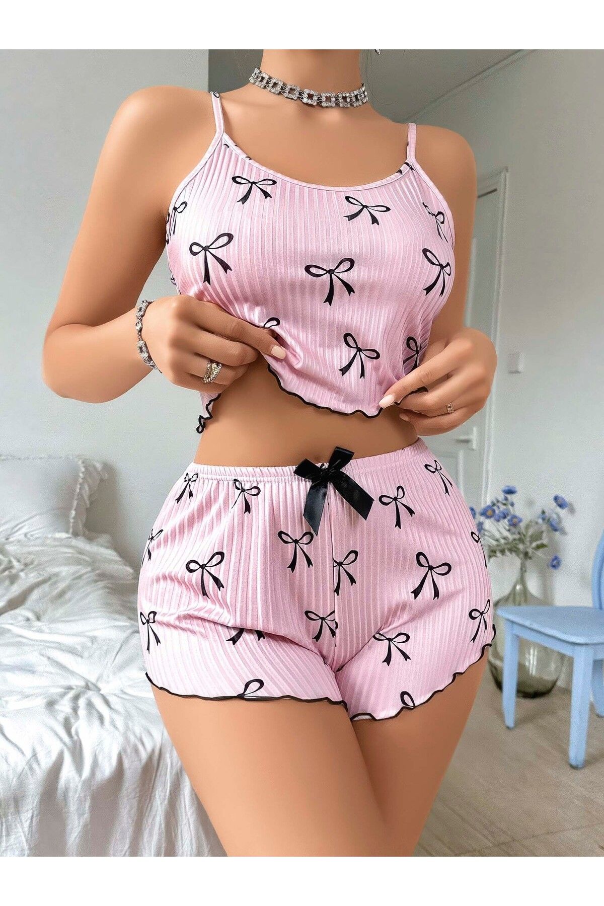 MODA CNG Kadın Fiyonk Düğüm Baskılı Atlet Ve Şort Pijama Takımı