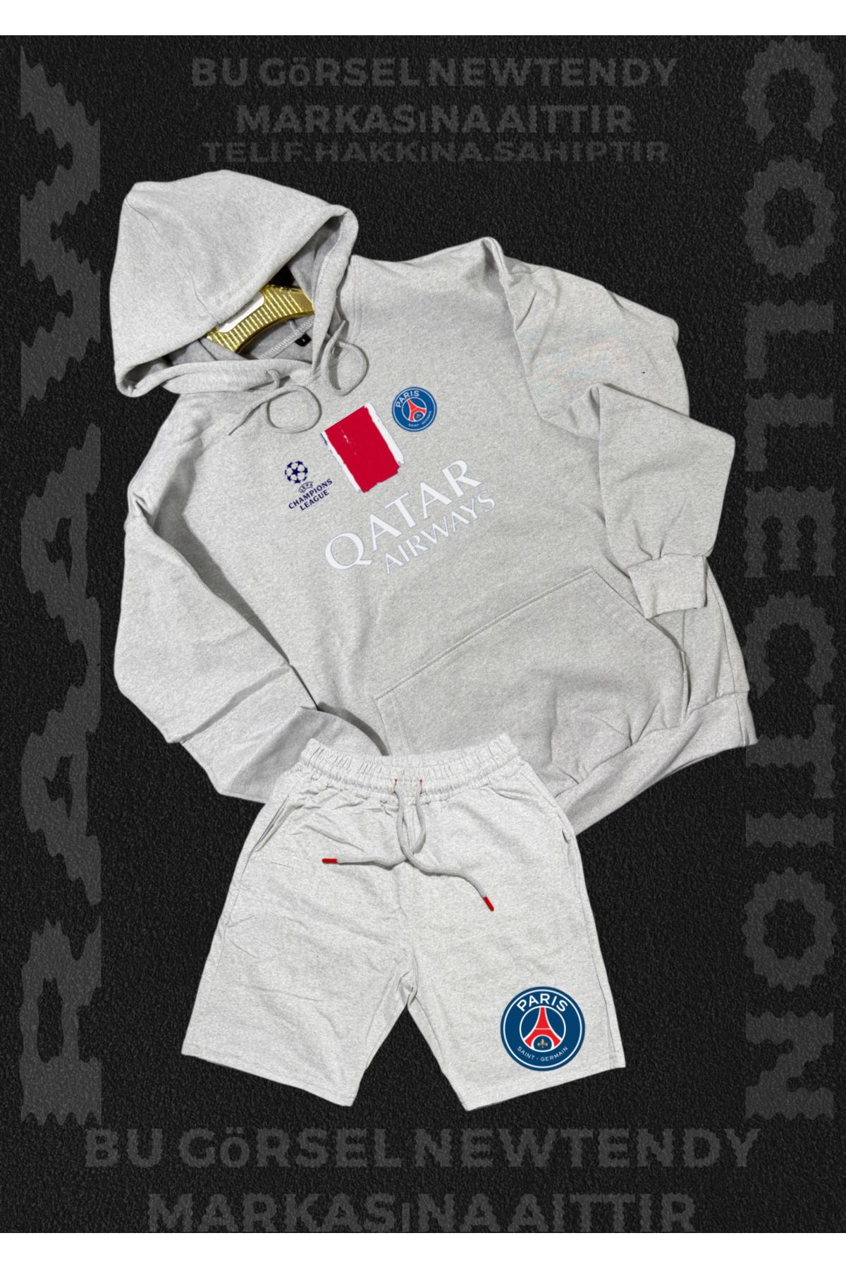 Minikelya Paris Sweatshirt Şort Takım Erkek Kapüşonlu Üst Gri siyah Alt Spor Taraftar 2 iplik Kombin