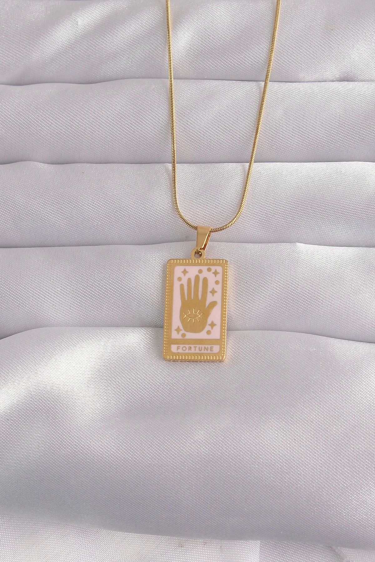 Clariss 316L Çelik Gold Renk Pembe Mineli El Figür Tarot Kolye
