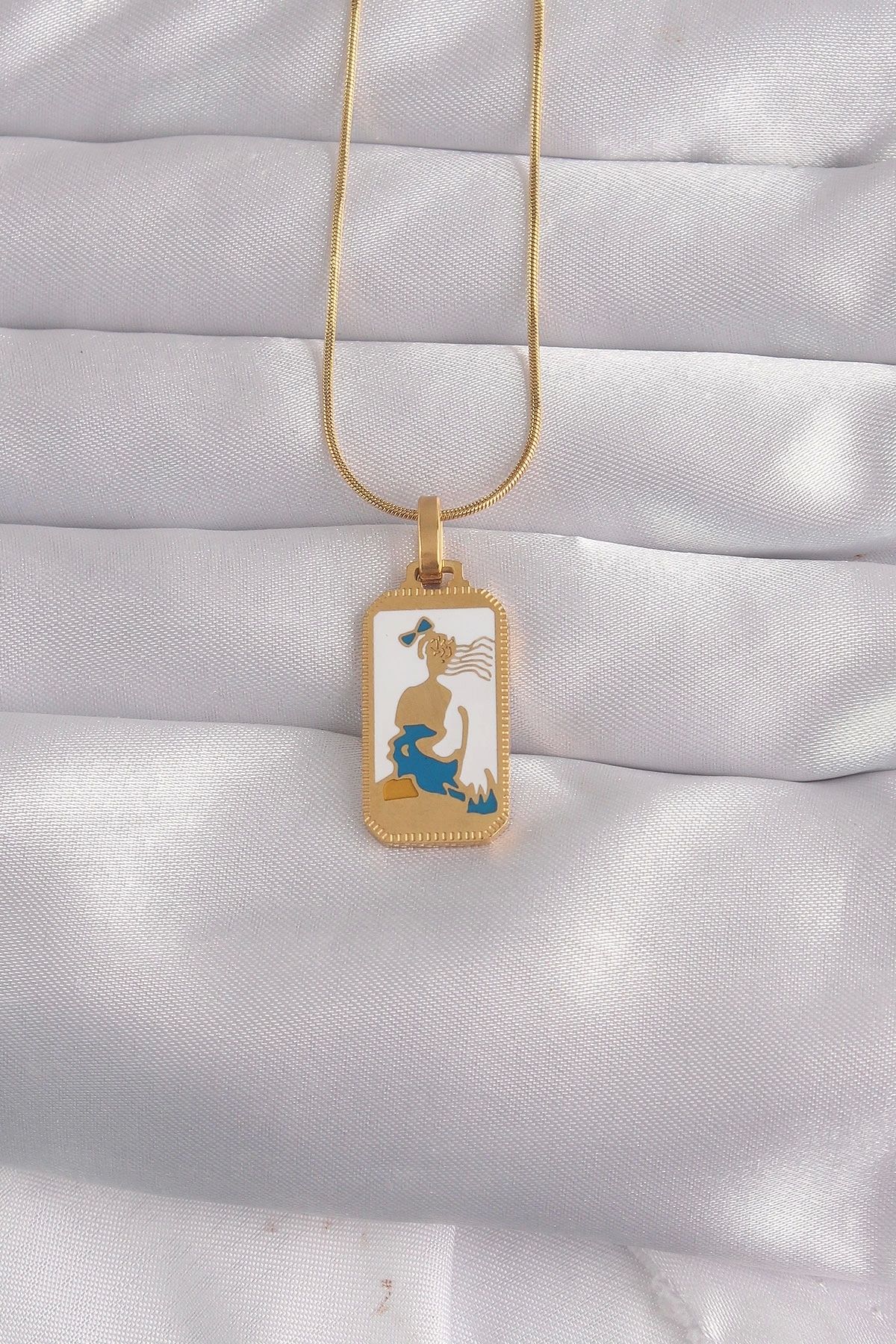 Clariss 316L Çelik Gold Renk Beyaz Mineli Kız Figür Tarot Kolye