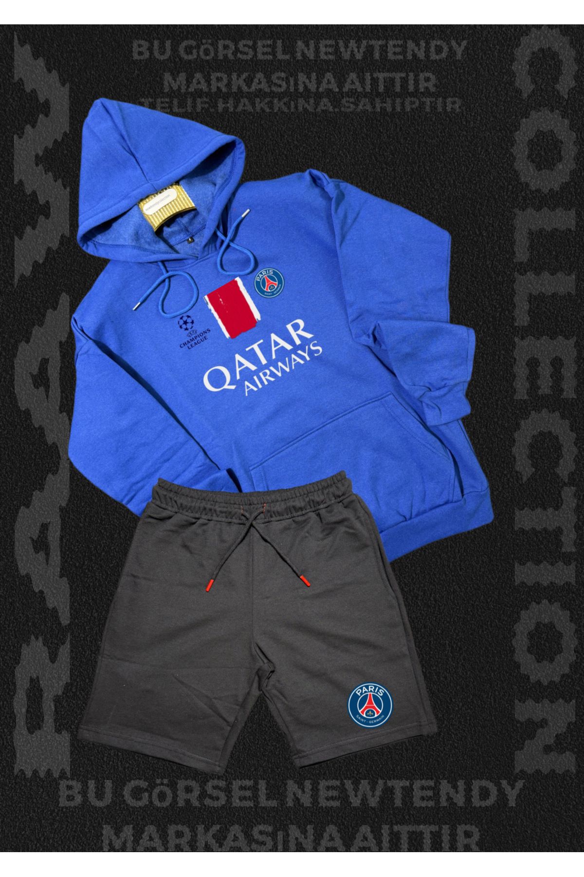 Minikelya Paris Sweatshirt Şort Takım Erkek Kapüşonlu Üst Gri siyah Alt Spor Taraftar 2 iplik Kombin