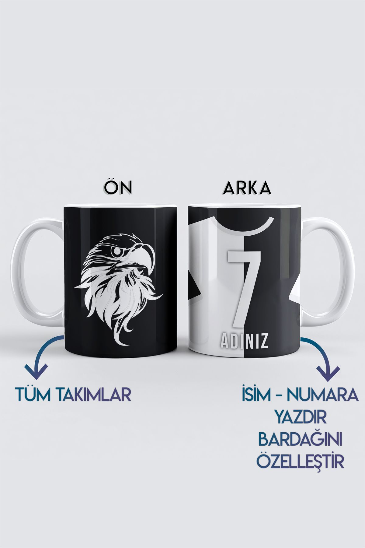 DekorHane Porselen, Siyah Beyaz, Kişiye Özel Taraftar Baskılı Kupa Bardak, Tüm Takımlar