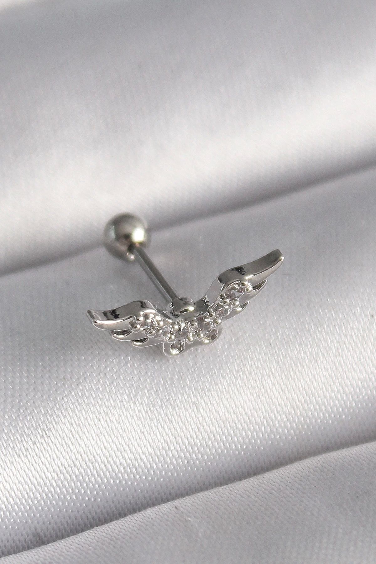 Clariss 316L Çelik Gümüş Renk Zirkon Taş Detay Kanat Model Tragus Piercing